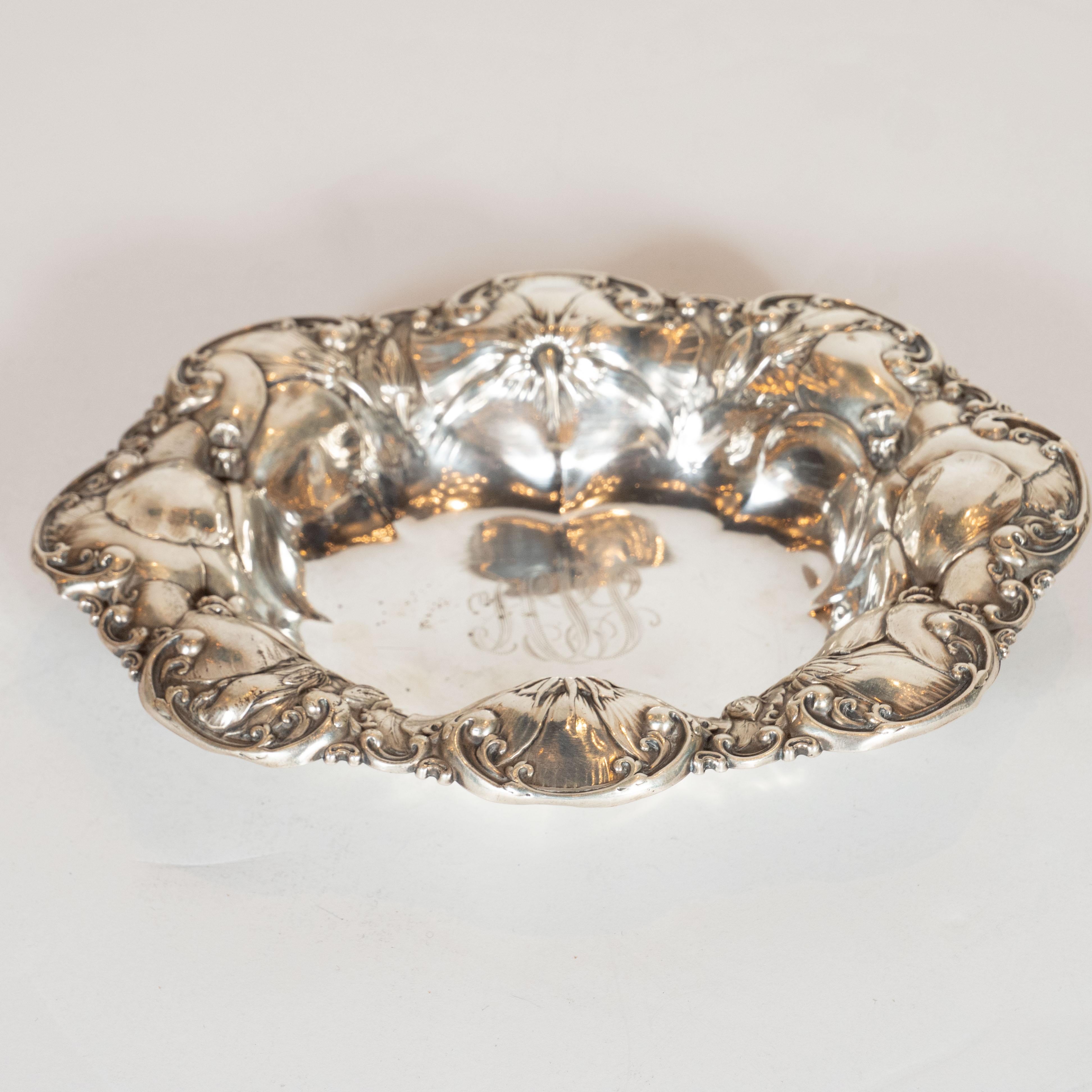 American Art Nouveau Sterling Silver Repousse Engraved Floral Decorative Dish For Sale 4