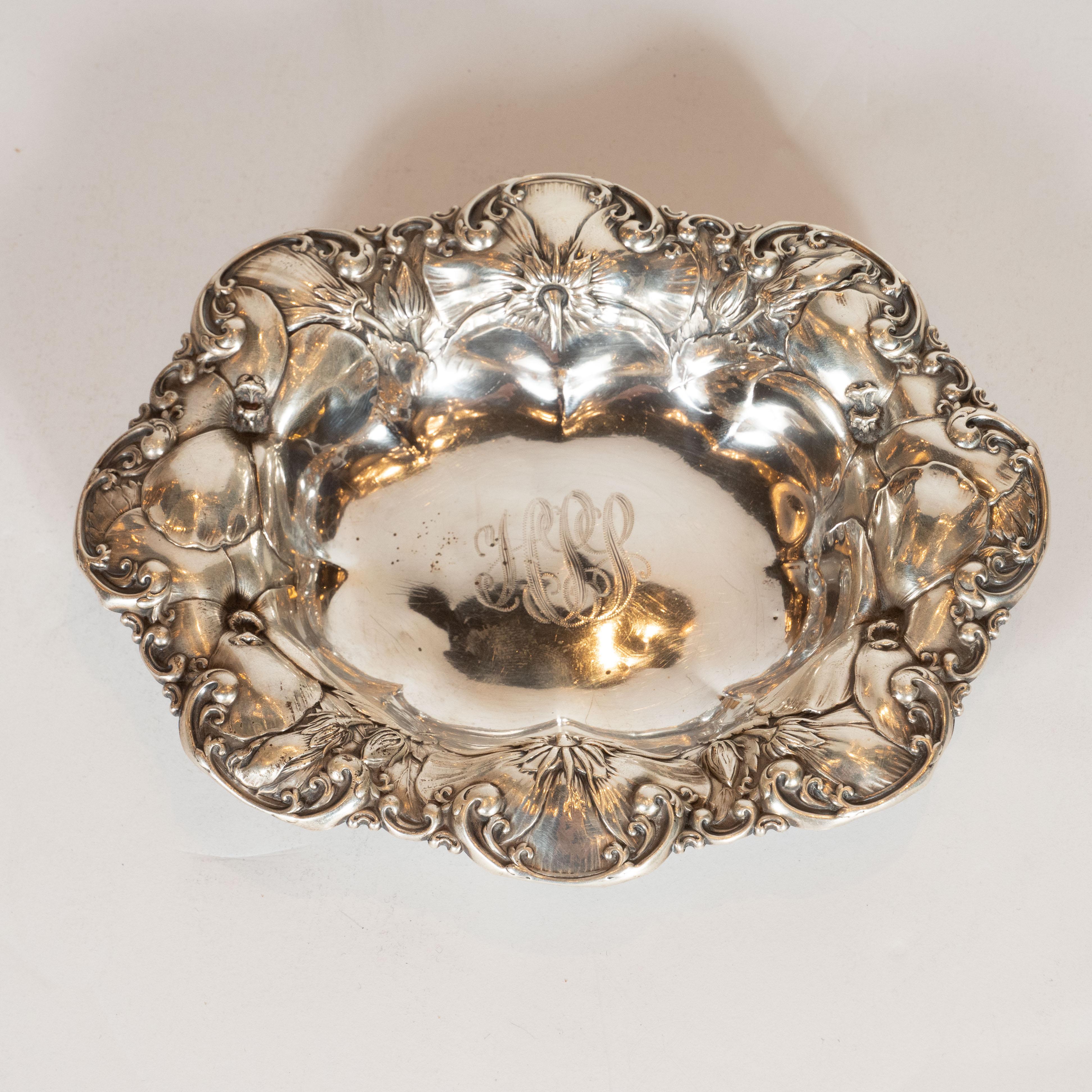 American Art Nouveau Sterling Silver Repousse Engraved Floral Decorative Dish For Sale 5