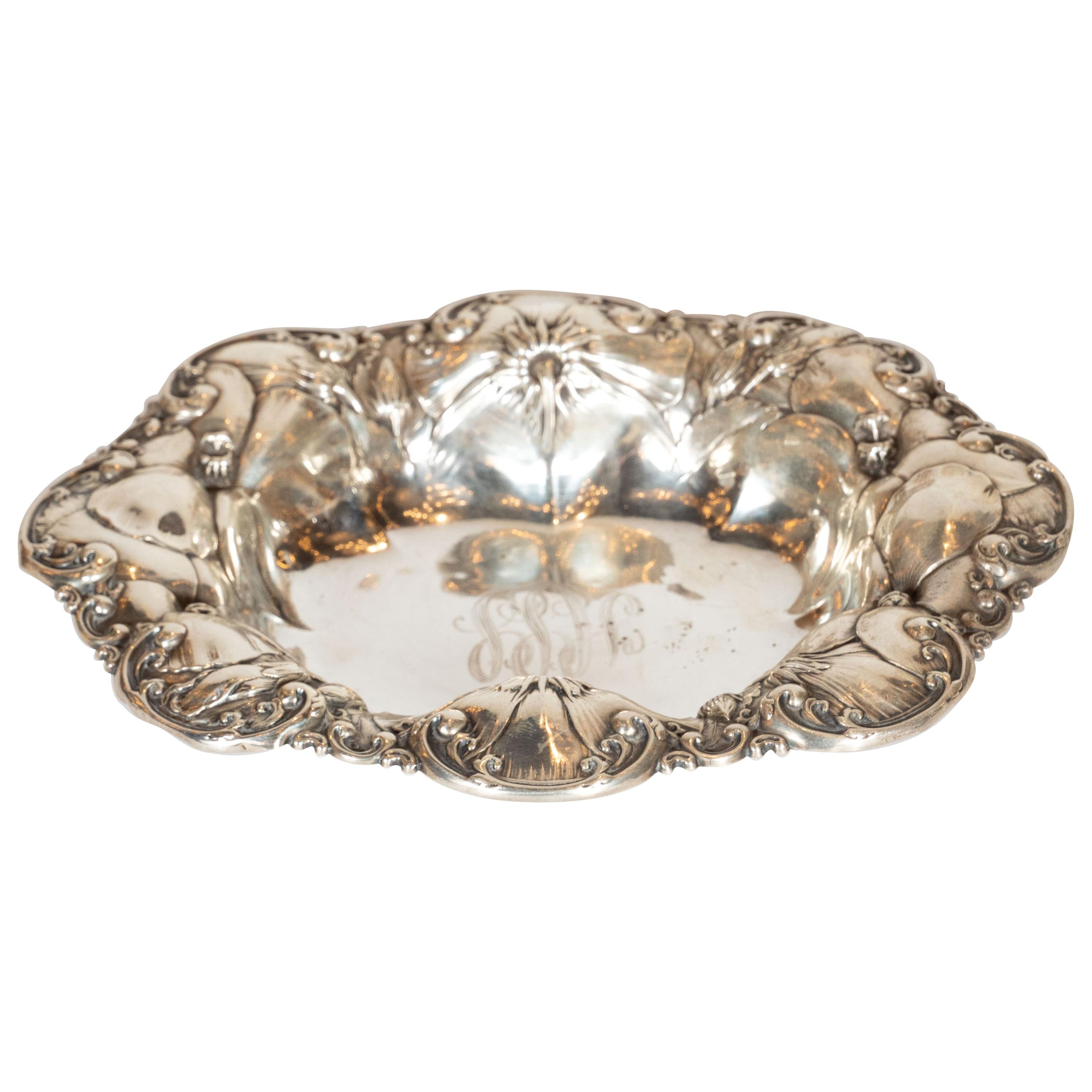 American Art Nouveau Sterling Silver Repousse Engraved Floral Decorative Dish For Sale