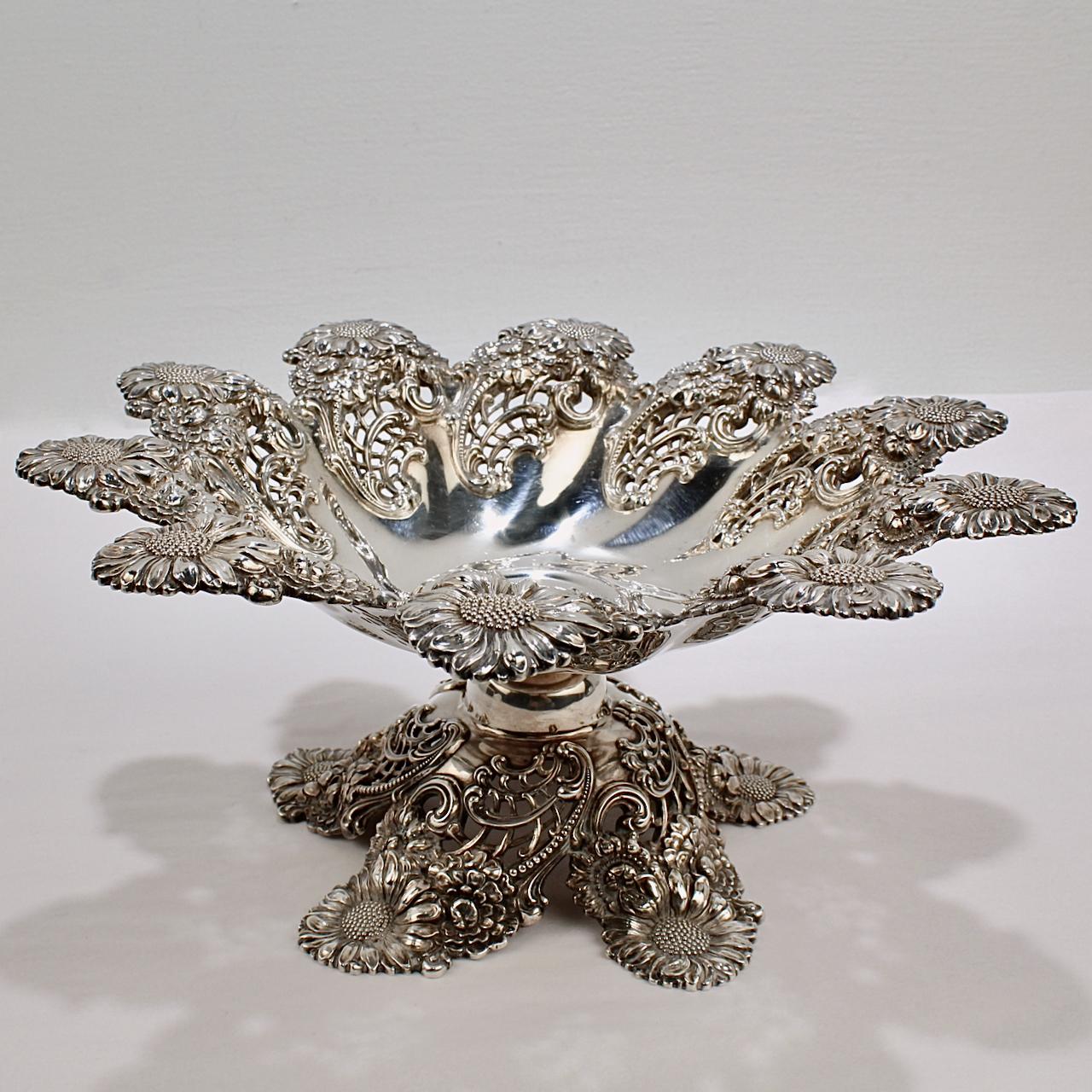 American Art Nouveau Sterling Silver Repoussé Footed Bowl by Dominick & Haff In Good Condition In Philadelphia, PA