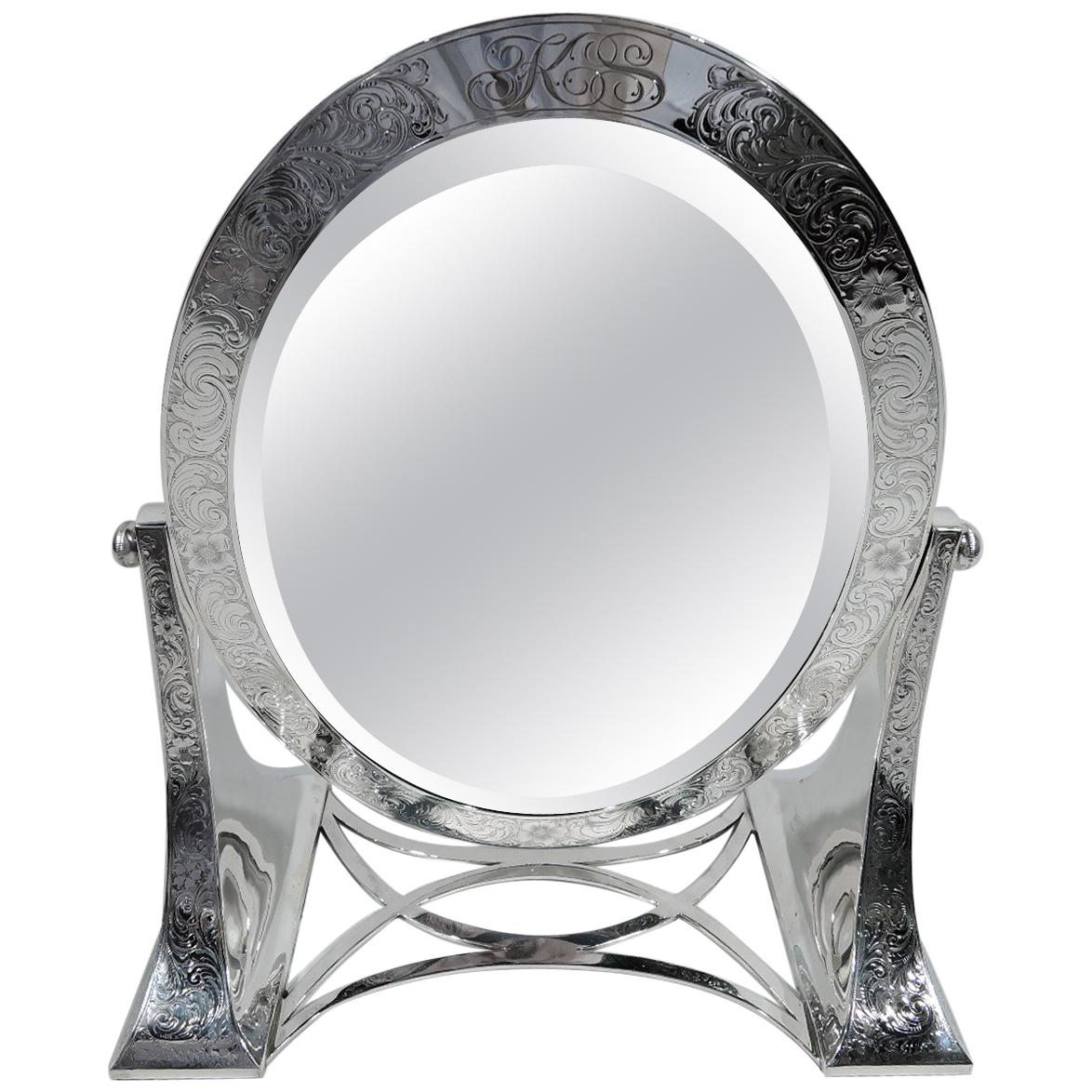 Miroir de table de coiffeuse en argent sterling de style Art nouveau américain