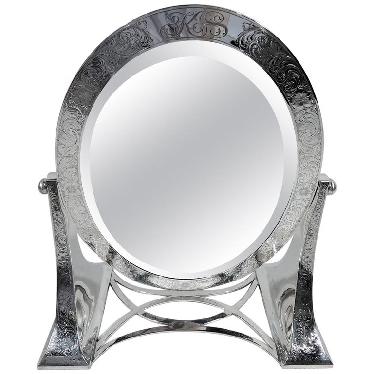 American Art Nouveau Sterling Silver Vanity Table Mirror For Sale