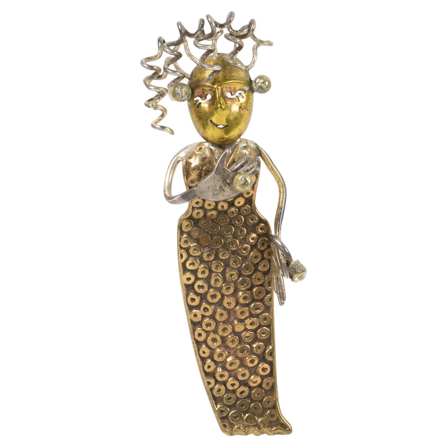 American Artist Brass and Silver Plate Pin Brooch Fashion Figurine For Sale