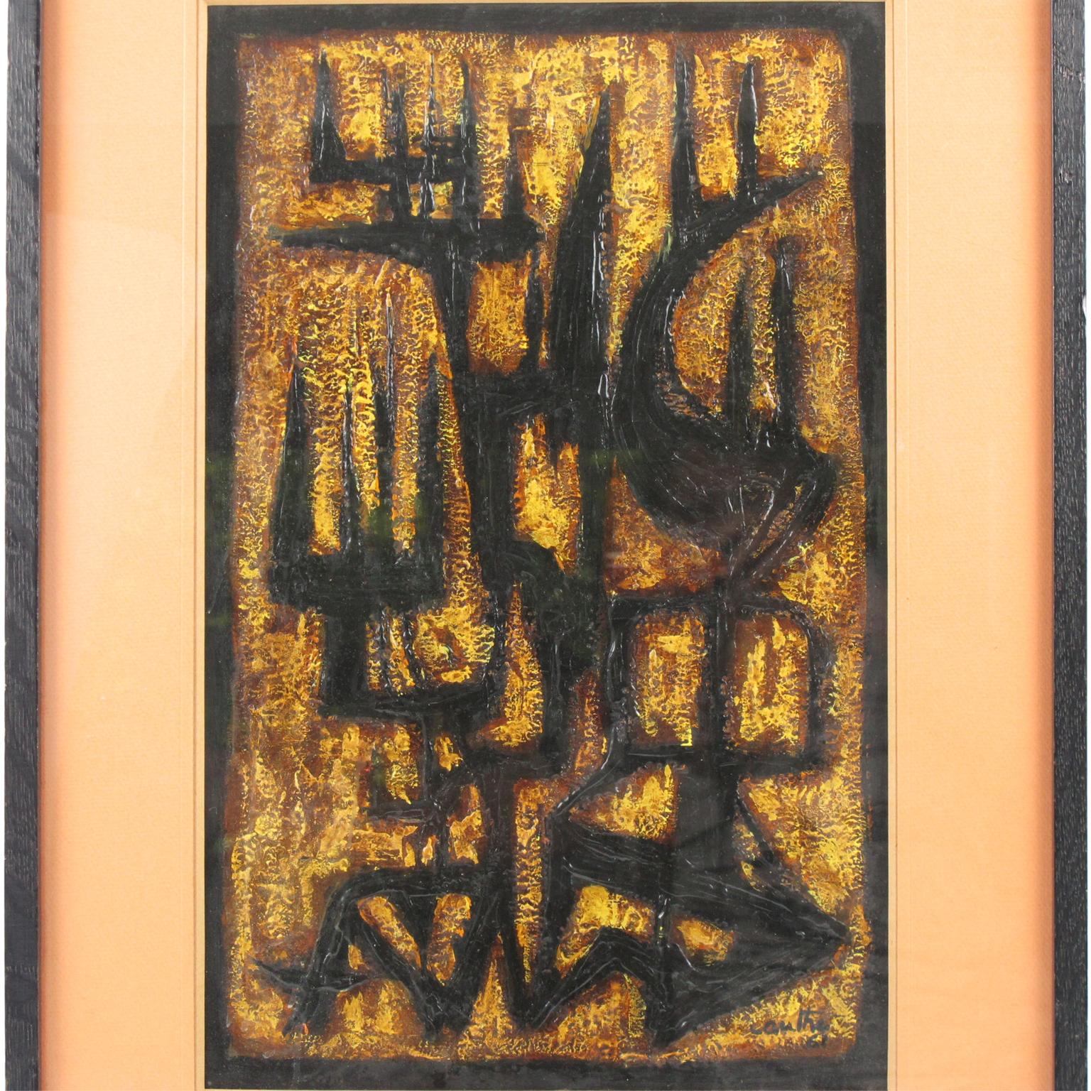 Modernist mix-media composition signed by American artist Canthi and dated 1961. Brutalist design with contrasted colors of black, brown and yellow, orange. Original vintage black wood frame with large orange matte and glass protection.