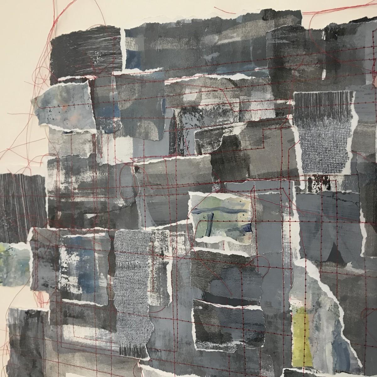 Contemporary abstract collage of disassembled gouache painting joined with red thread by American artist Sandra Constantine
Shades of grey and blue
The artist, born in 1971, lives, works and has exhibited in New York City
She focuses on collage,