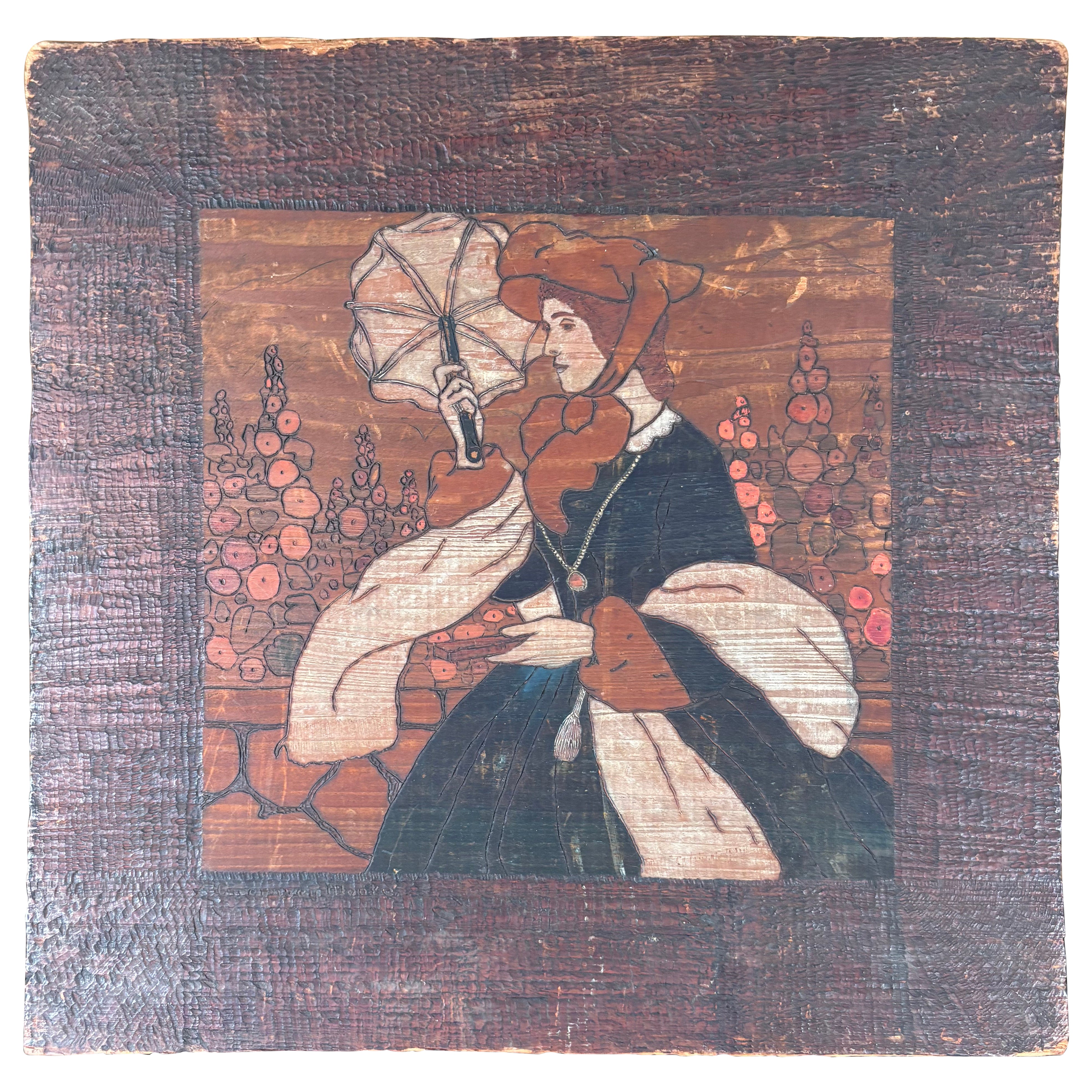 American Arts And Crafts Antique Pyrography American Illustrator Thomas Moore en vente