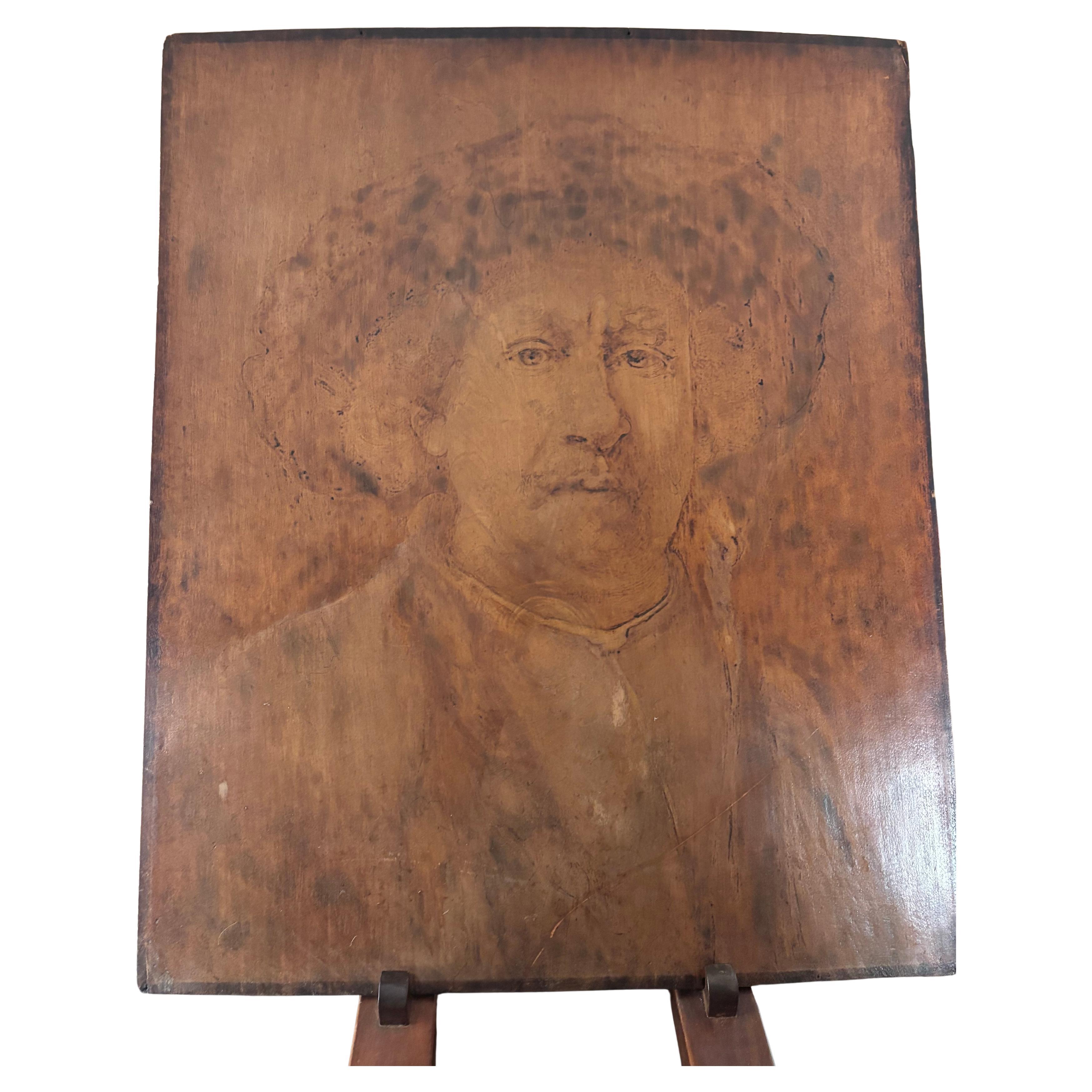 American Arts And Crafts Antike Pyrographie Kingsley Porträt nach Rembrandt im Angebot
