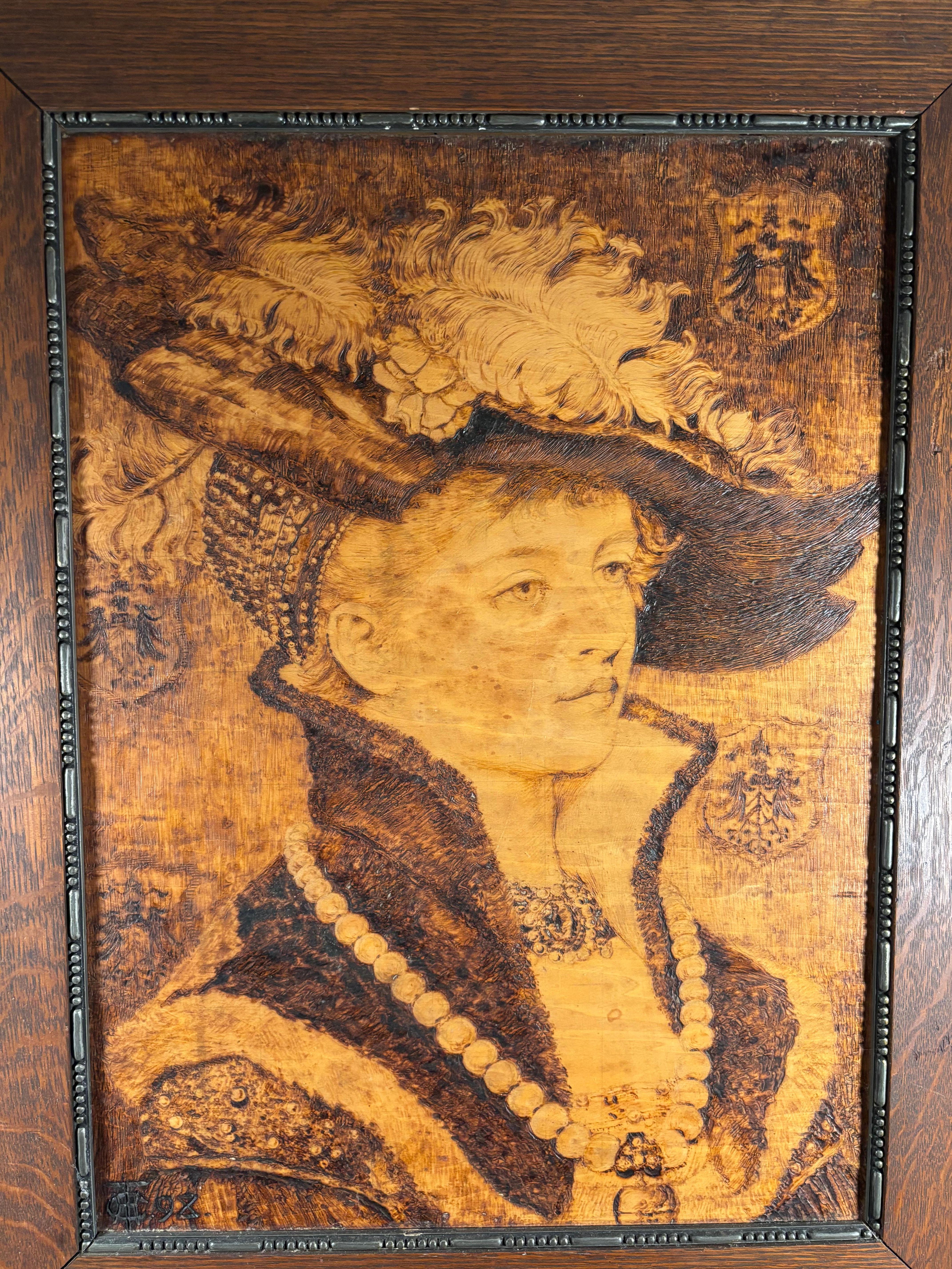 Américain Pyrogravure ancienne Arte Antiques Portrait Charles H. F. Turner 1898 en vente