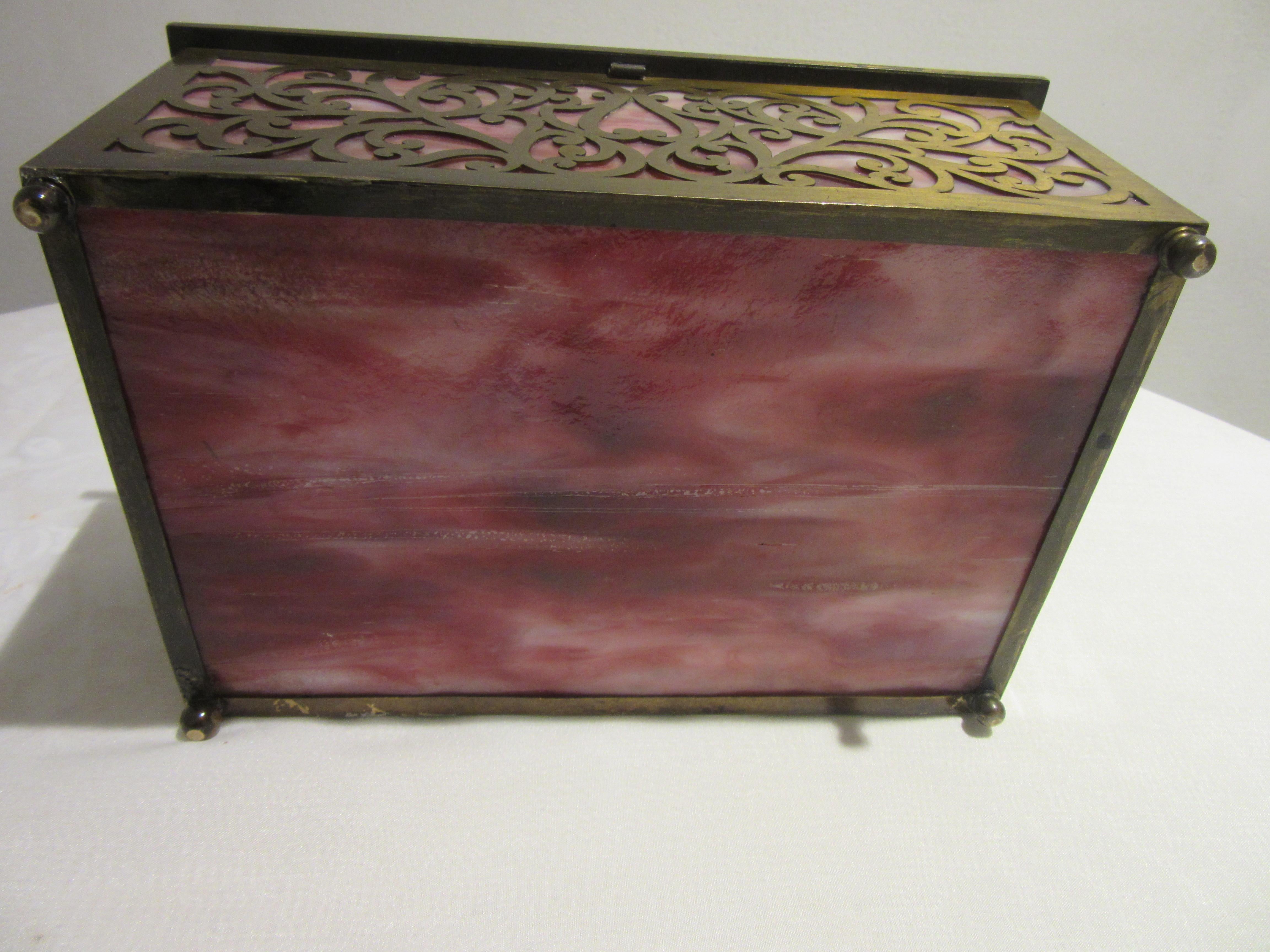 Arts and Crafts American Arts & Crafts Cigar Box with Stained Glass and Pierced Brass