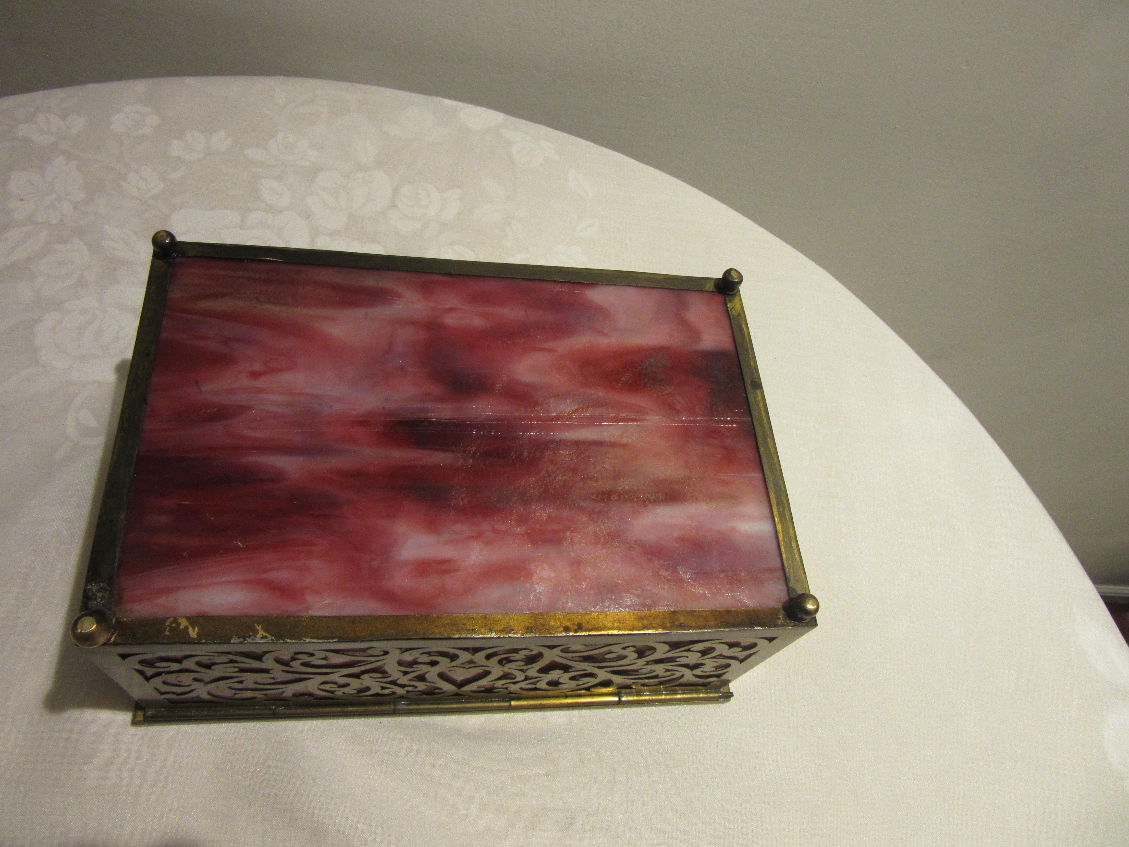 Early 20th Century American Arts & Crafts Cigar Box with Stained Glass and Pierced Brass