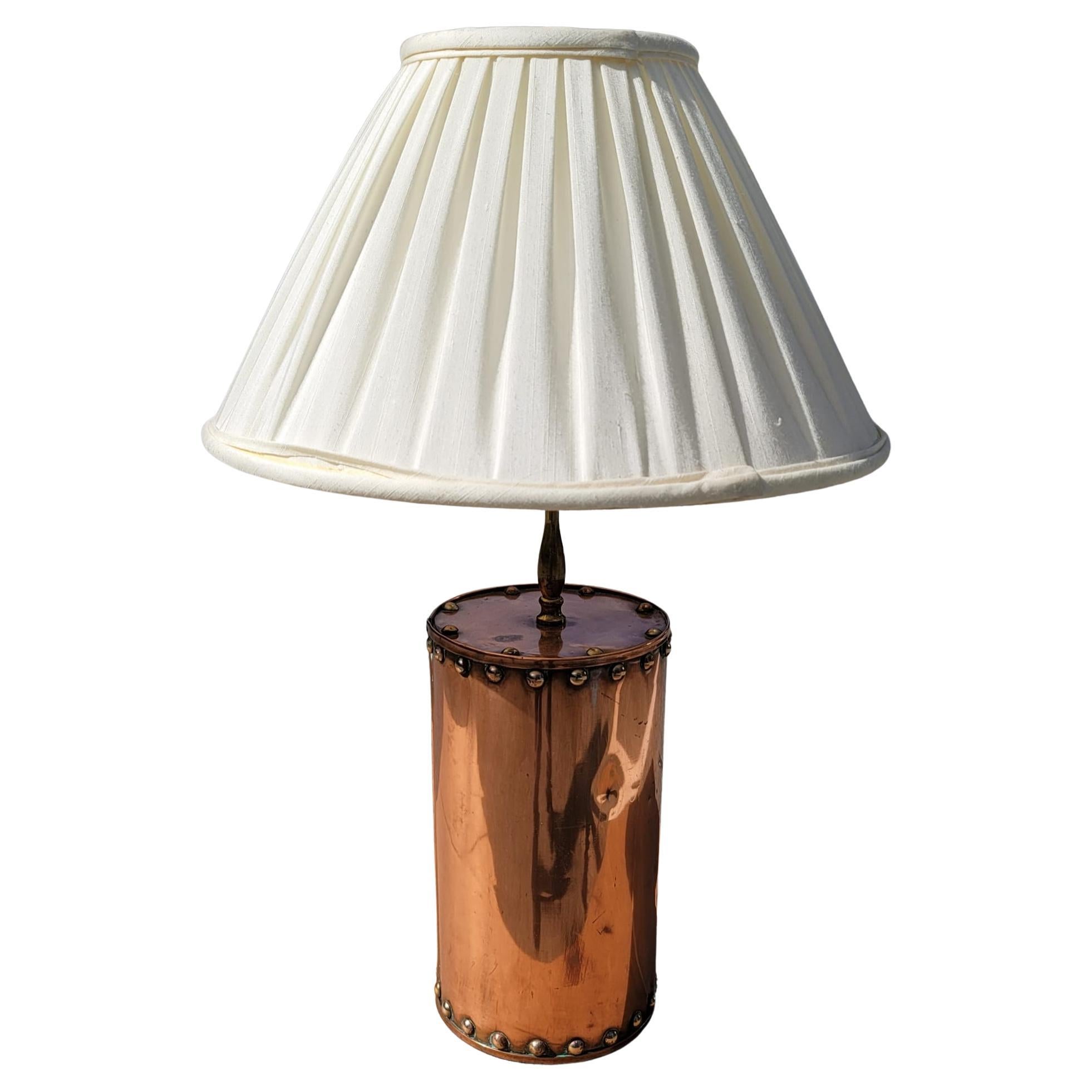 Metalwork American Arts and Crafts Copper & Nailhead Drum Table Lamp For Sale
