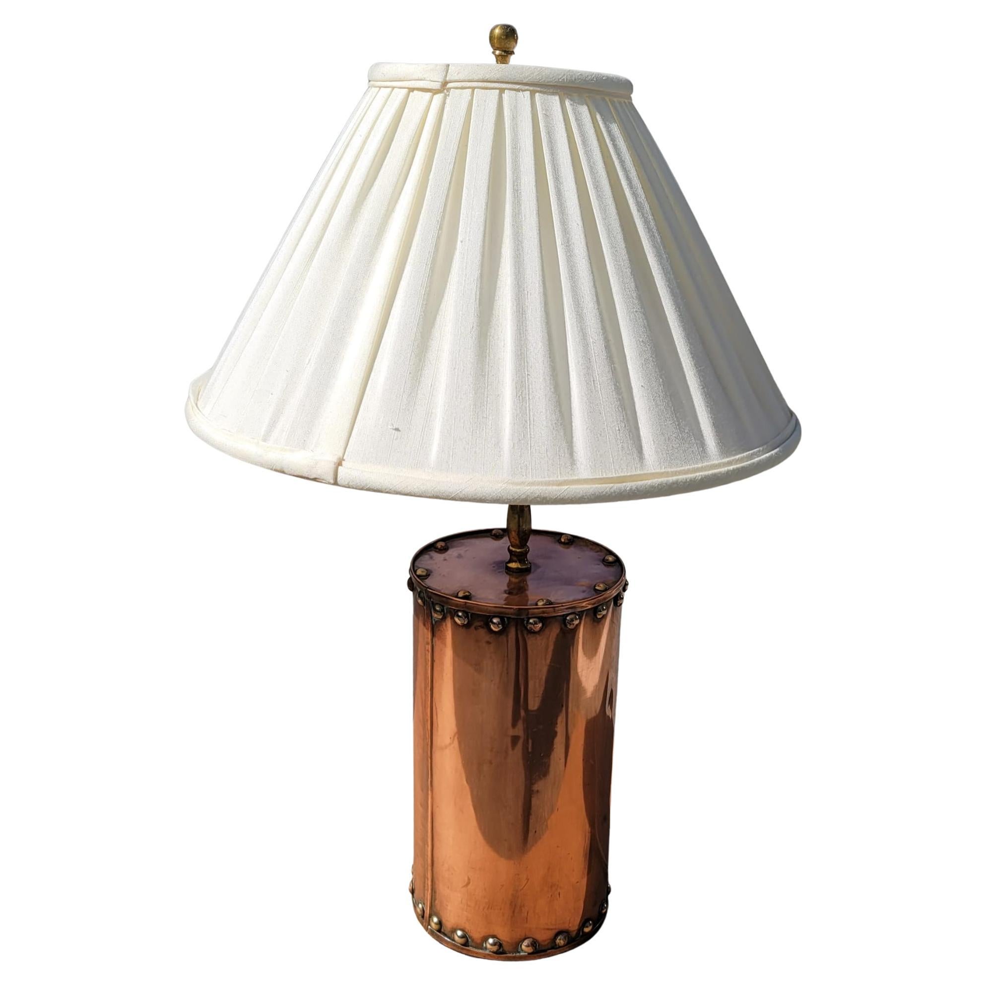 American Arts and Crafts Copper & Nailhead Drum Table Lamp For Sale