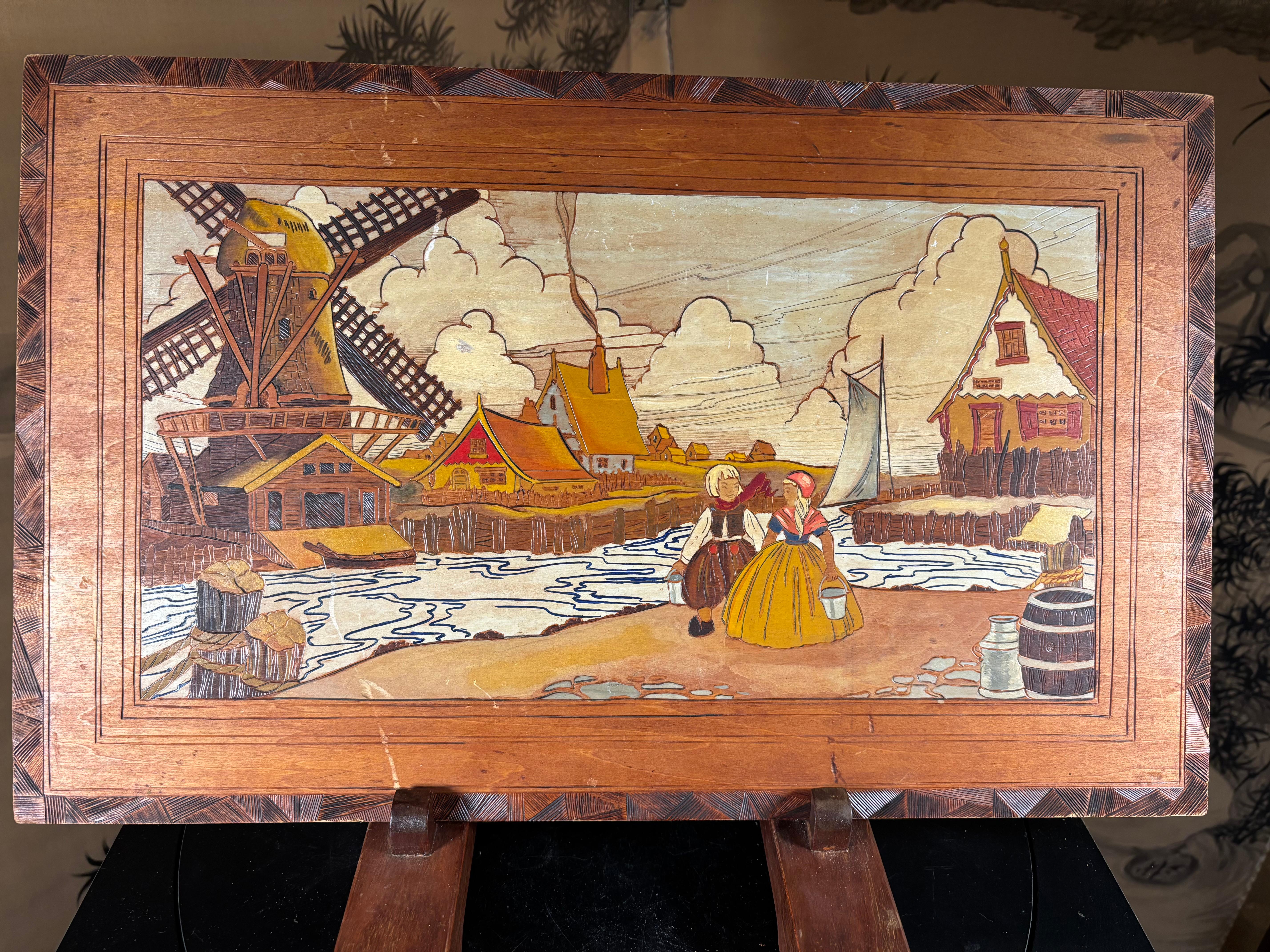 Mid-Century Modern American Arts And Crafts Finely Painted Pyrography Dutch Scene By Harry Ungar For Sale