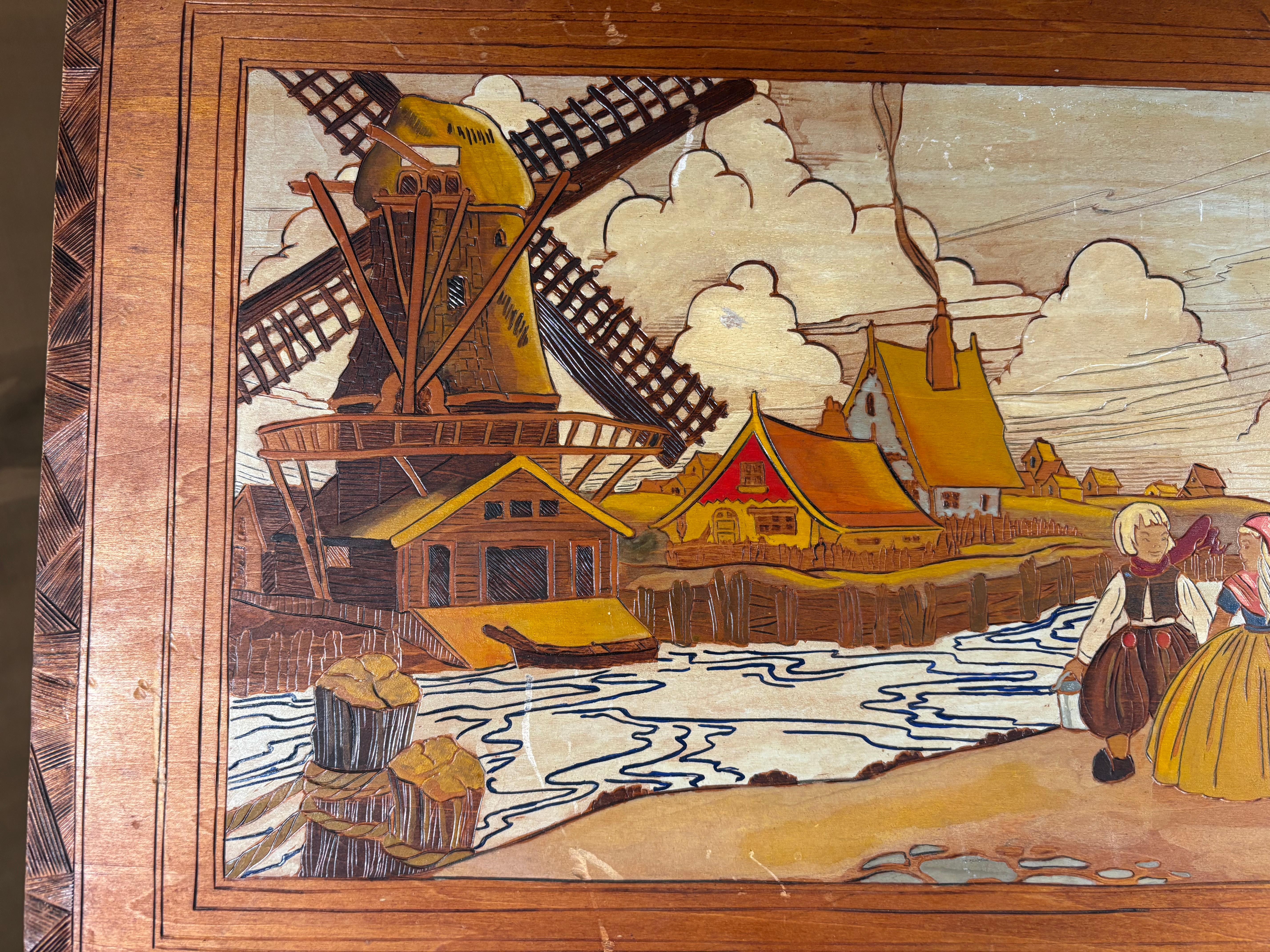 Hand-Carved American Arts And Crafts Finely Painted Pyrography Dutch Scene By Harry Ungar For Sale