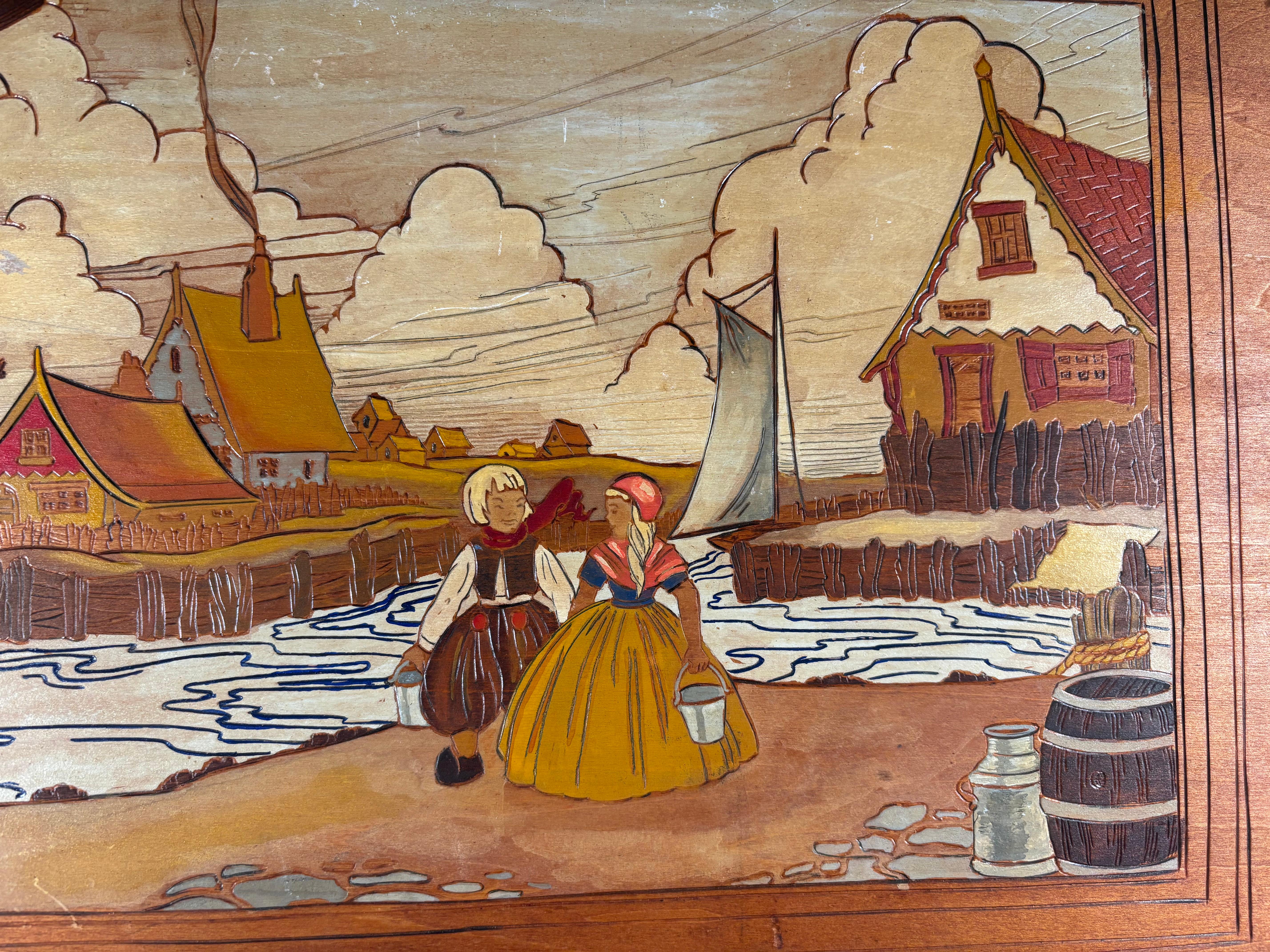 American Arts And Crafts Finely Painted Pyrography Dutch Scene By Harry Ungar In Good Condition For Sale In South Burlington, VT
