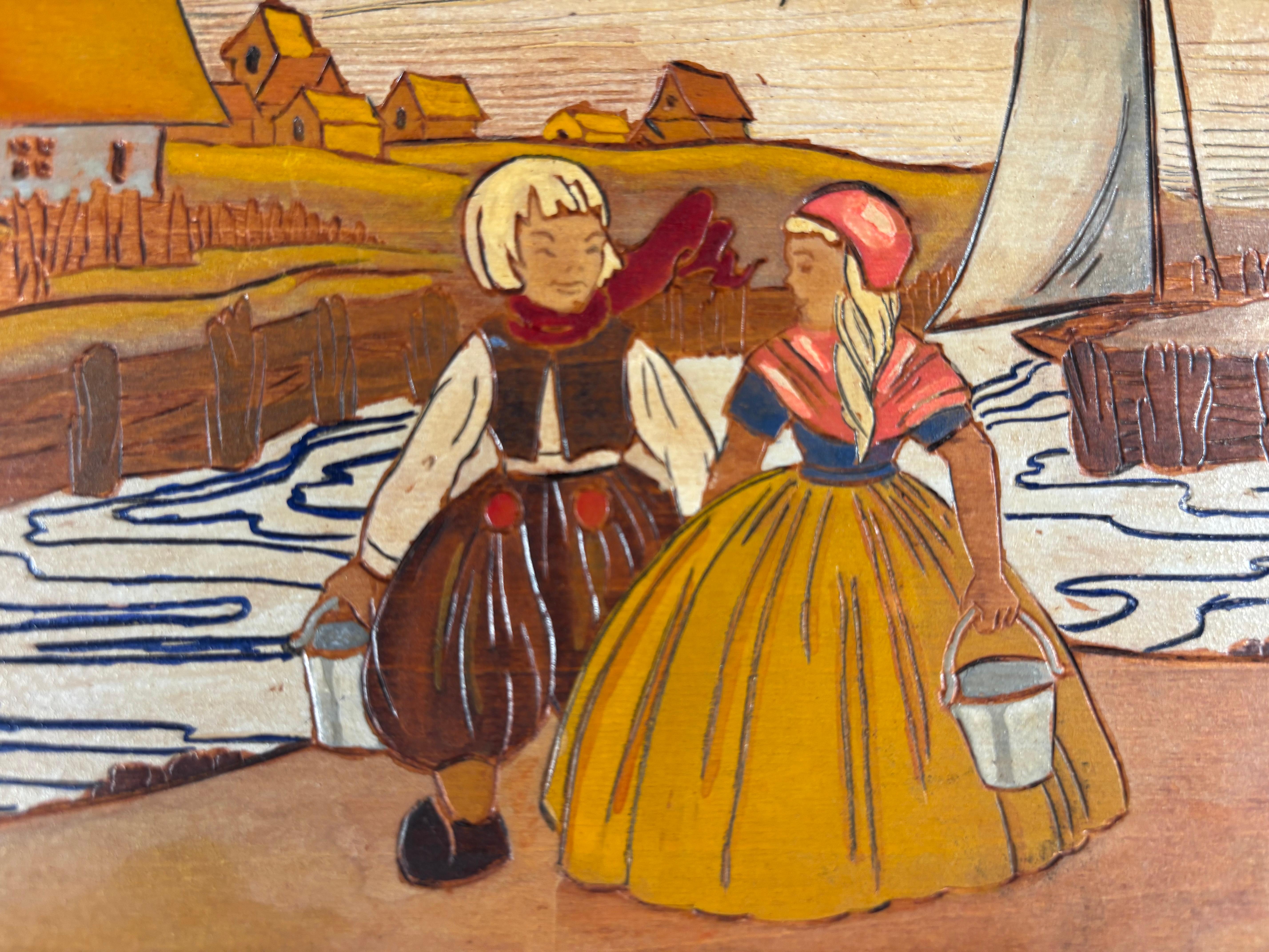 20th Century American Arts And Crafts Finely Painted Pyrography Dutch Scene By Harry Ungar For Sale