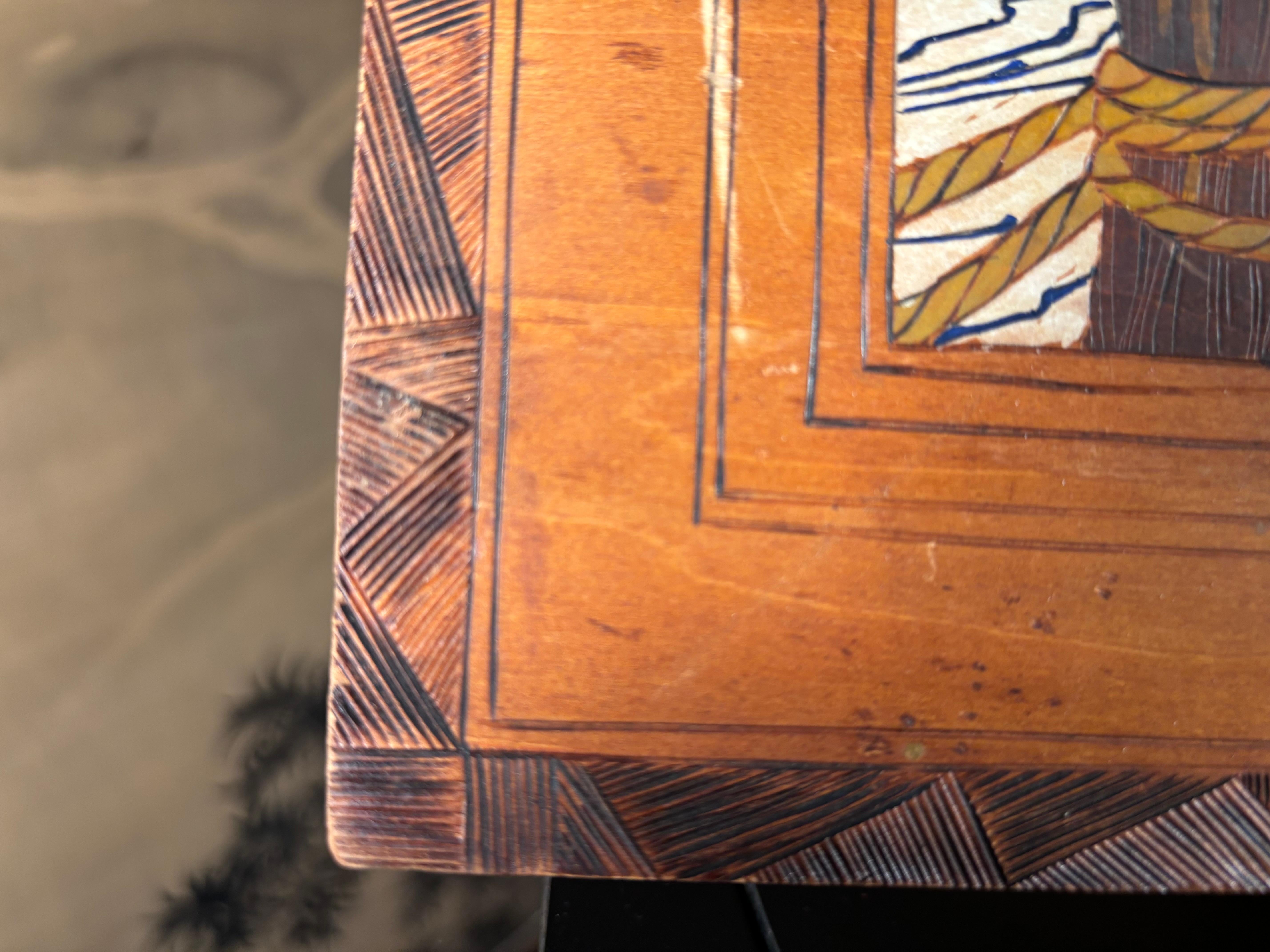 Wood American Arts And Crafts Finely Painted Pyrography Dutch Scene By Harry Ungar For Sale