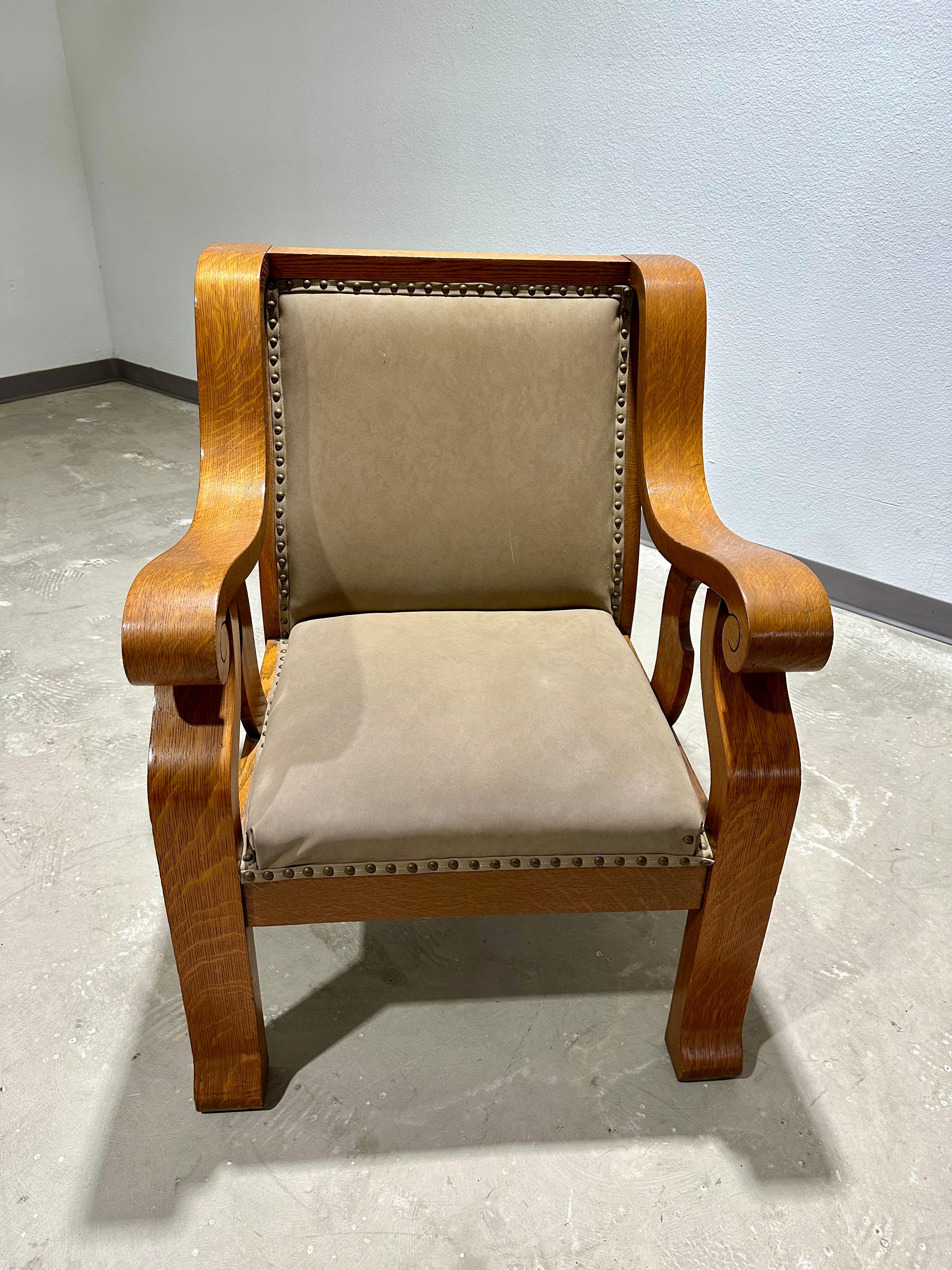 Canvas American Arts and Crafts Oak Rocking and Armchair Pair