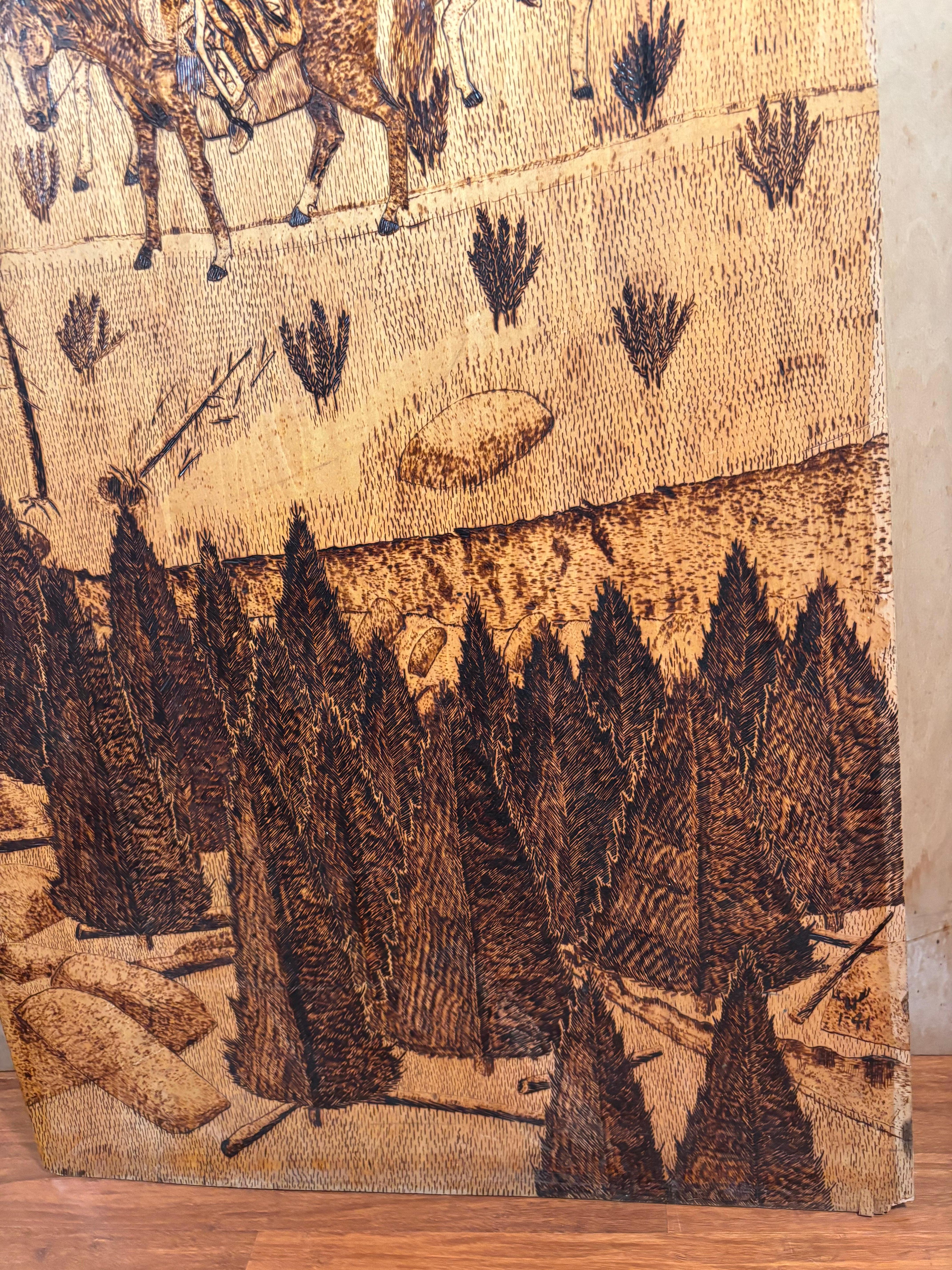 American Arts And Crafts Pyrography Native America Old West Panel Set Four 1941 im Angebot 4