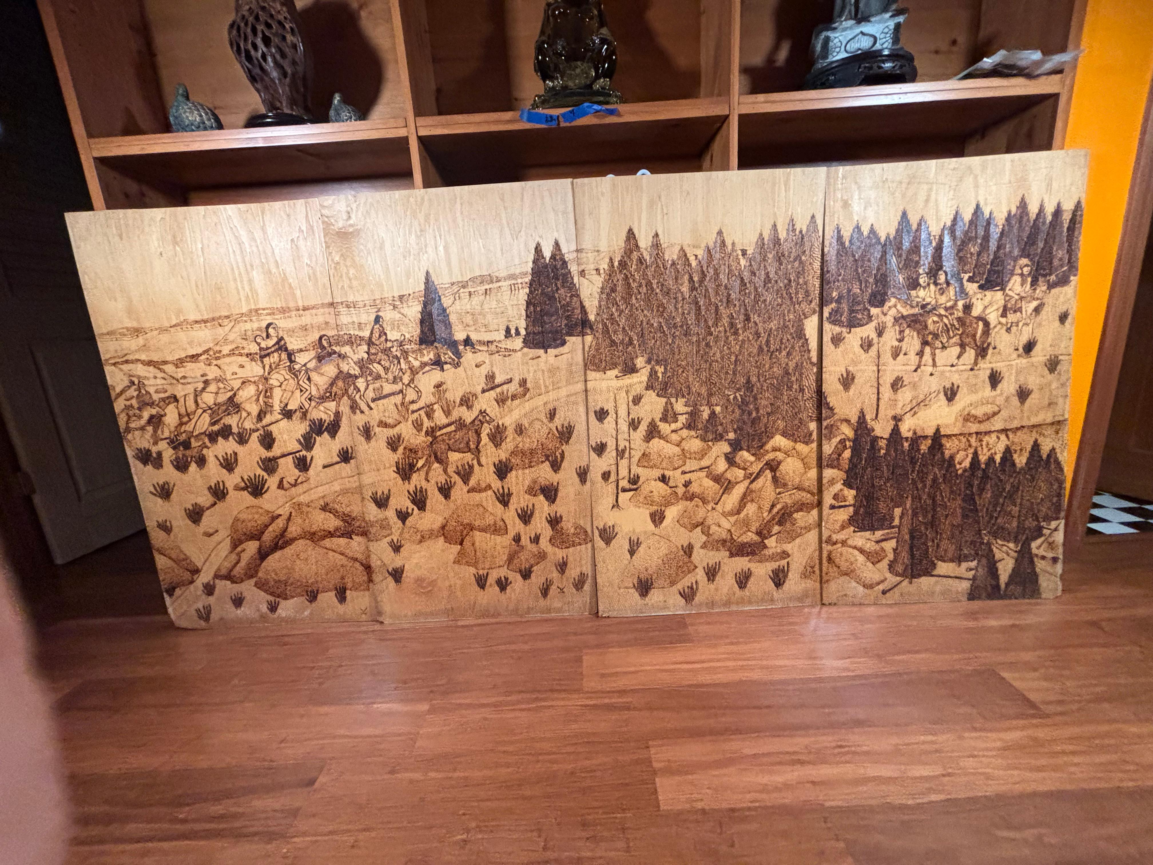 American Arts And Crafts Pyrography Native America Old West Panel Set Four 1941 (Indigene Kunst (Nord-/Südamerika)) im Angebot