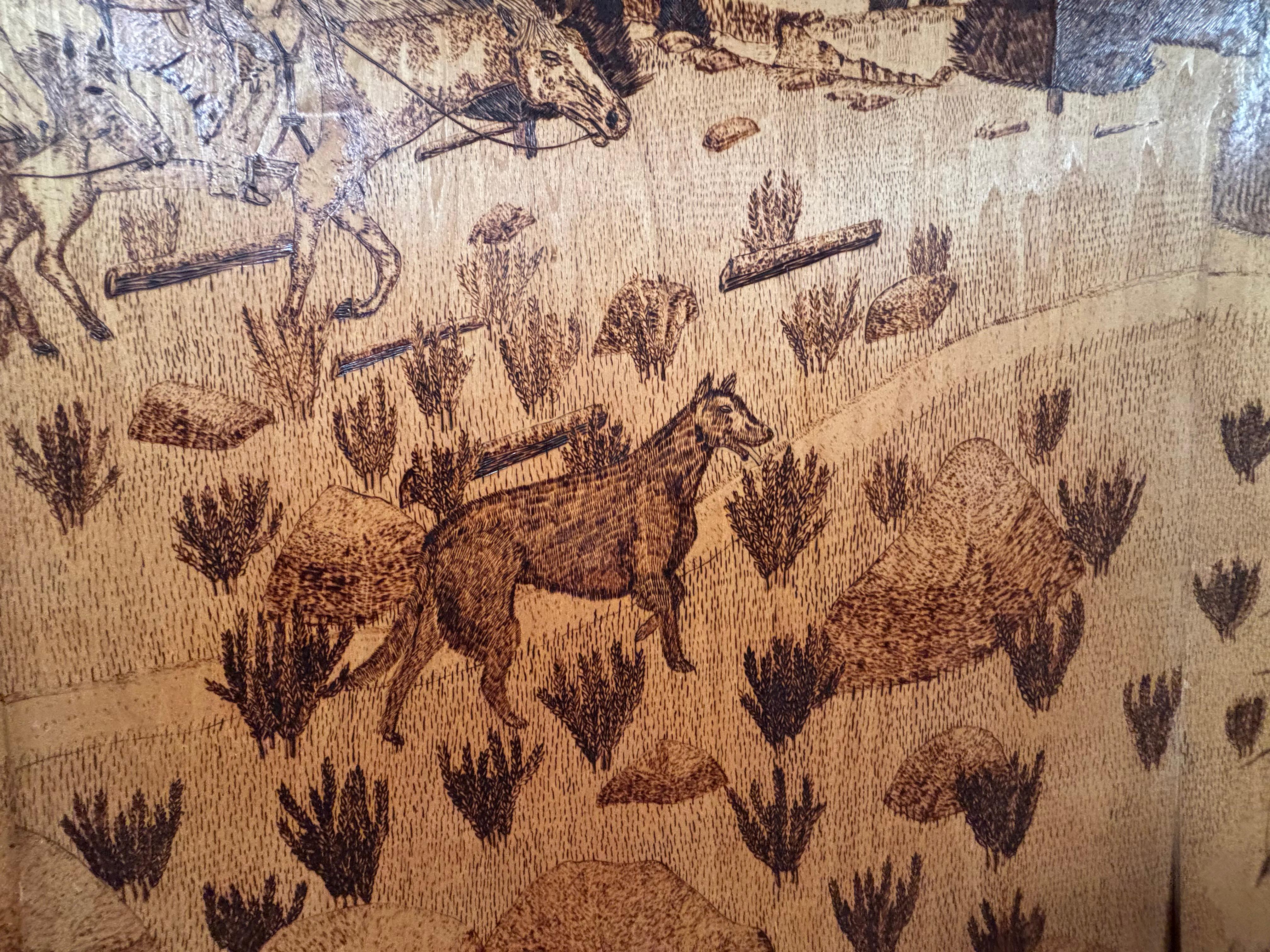 American Arts And Crafts Pyrography Native America Old West Panel Set Four 1941 im Zustand „Gut“ im Angebot in South Burlington, VT