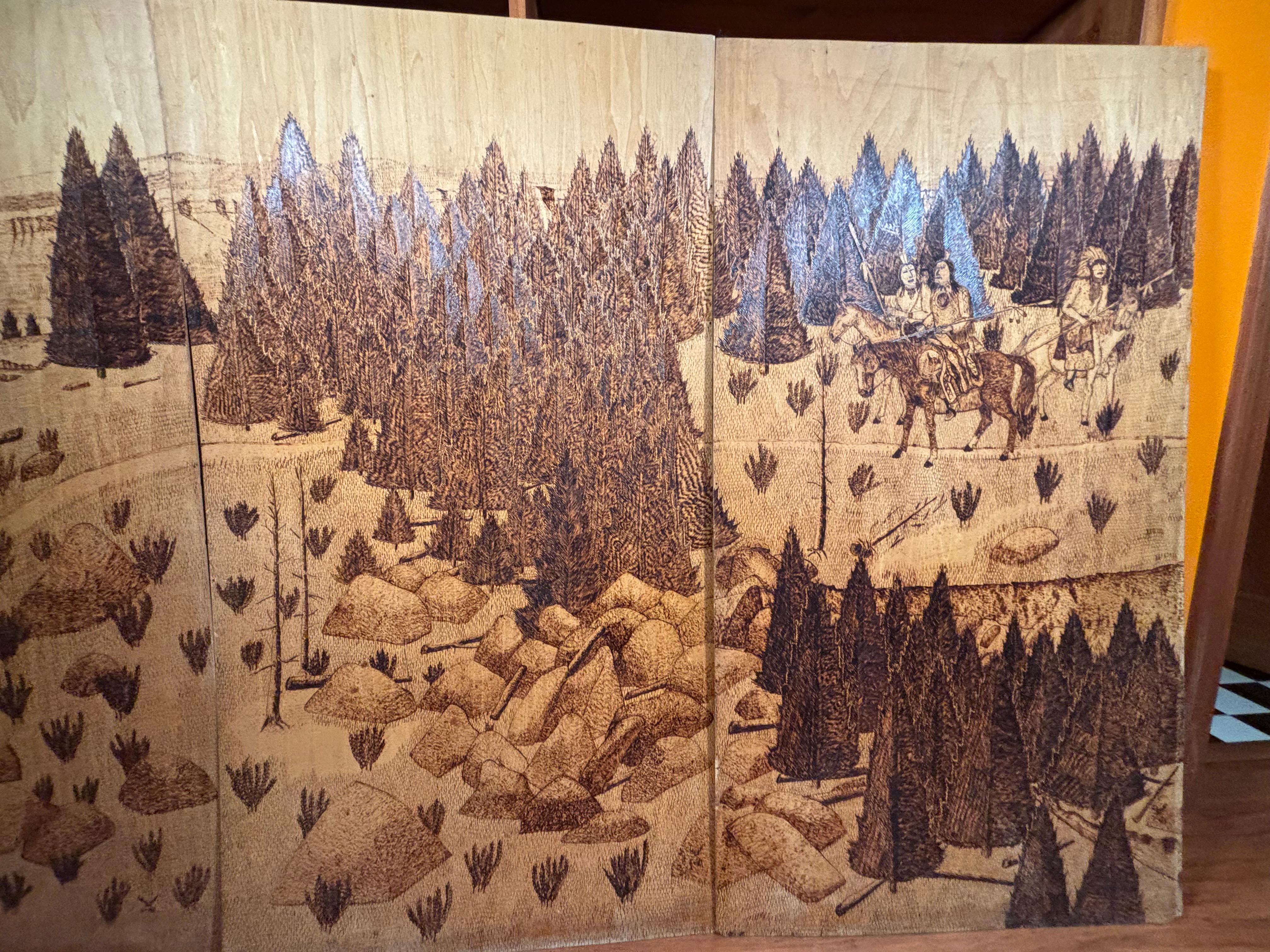 American Arts And Crafts Pyrography Native America Old West Panel Set Four 1941 (Holz) im Angebot