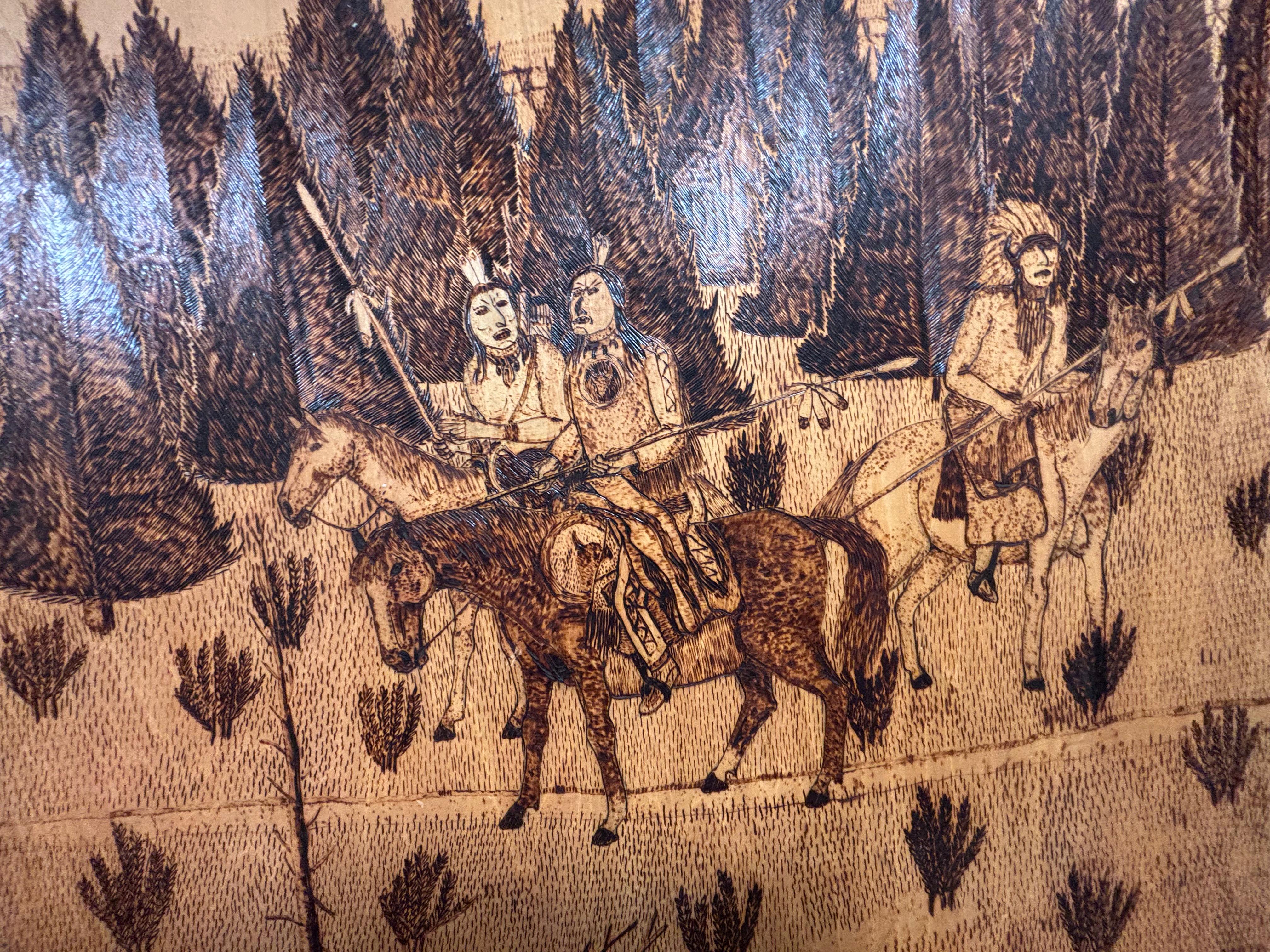 American Arts And Crafts Pyrography Native America Old West Panel Set Four 1941 im Angebot 1