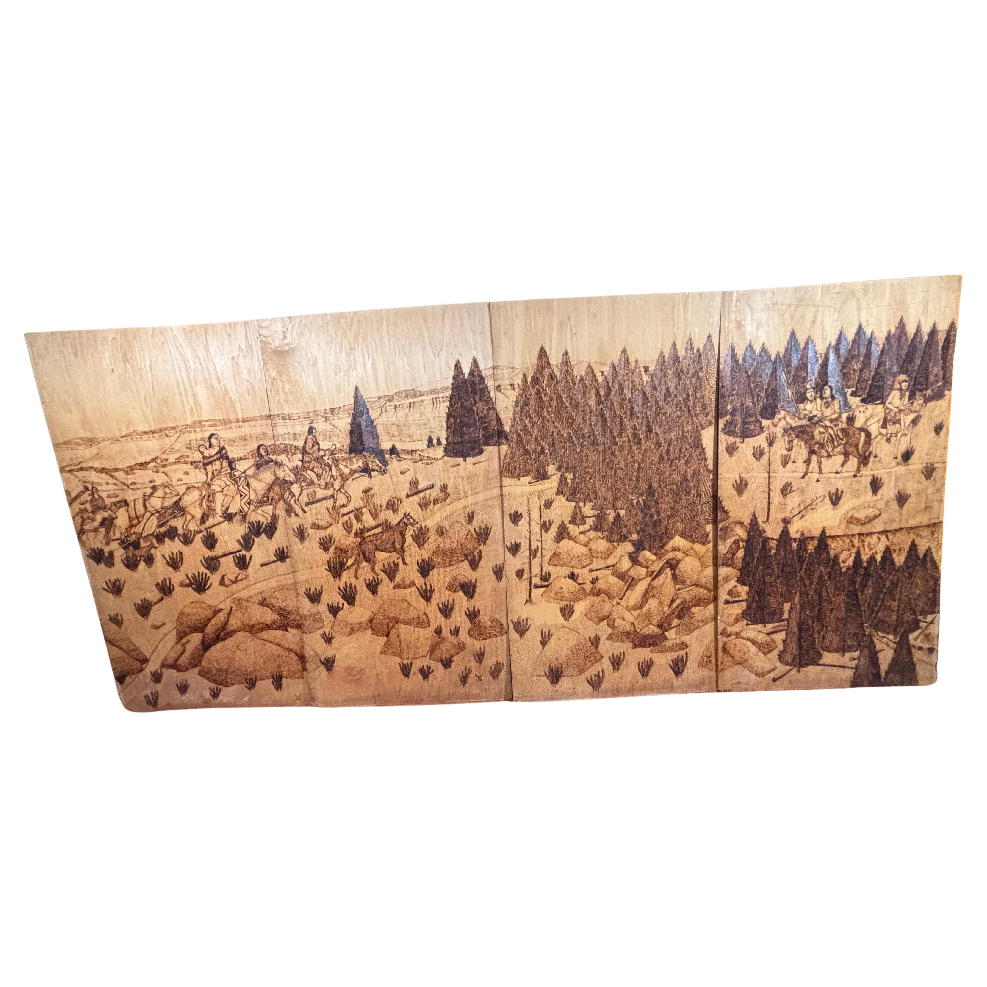 American Arts And Crafts Pyrography Native America Old West Panel Set Four 1941 im Angebot