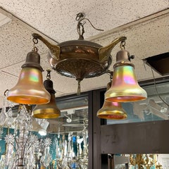 American Arts and Crafts Style Iridescent Glass and Bronze 4 Light Chandelier