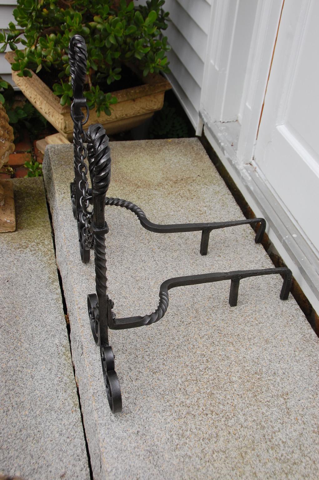 North American American Arts and Crafts Wrought Iron Andirons with Twist Loop Tops, Scroll Feet For Sale