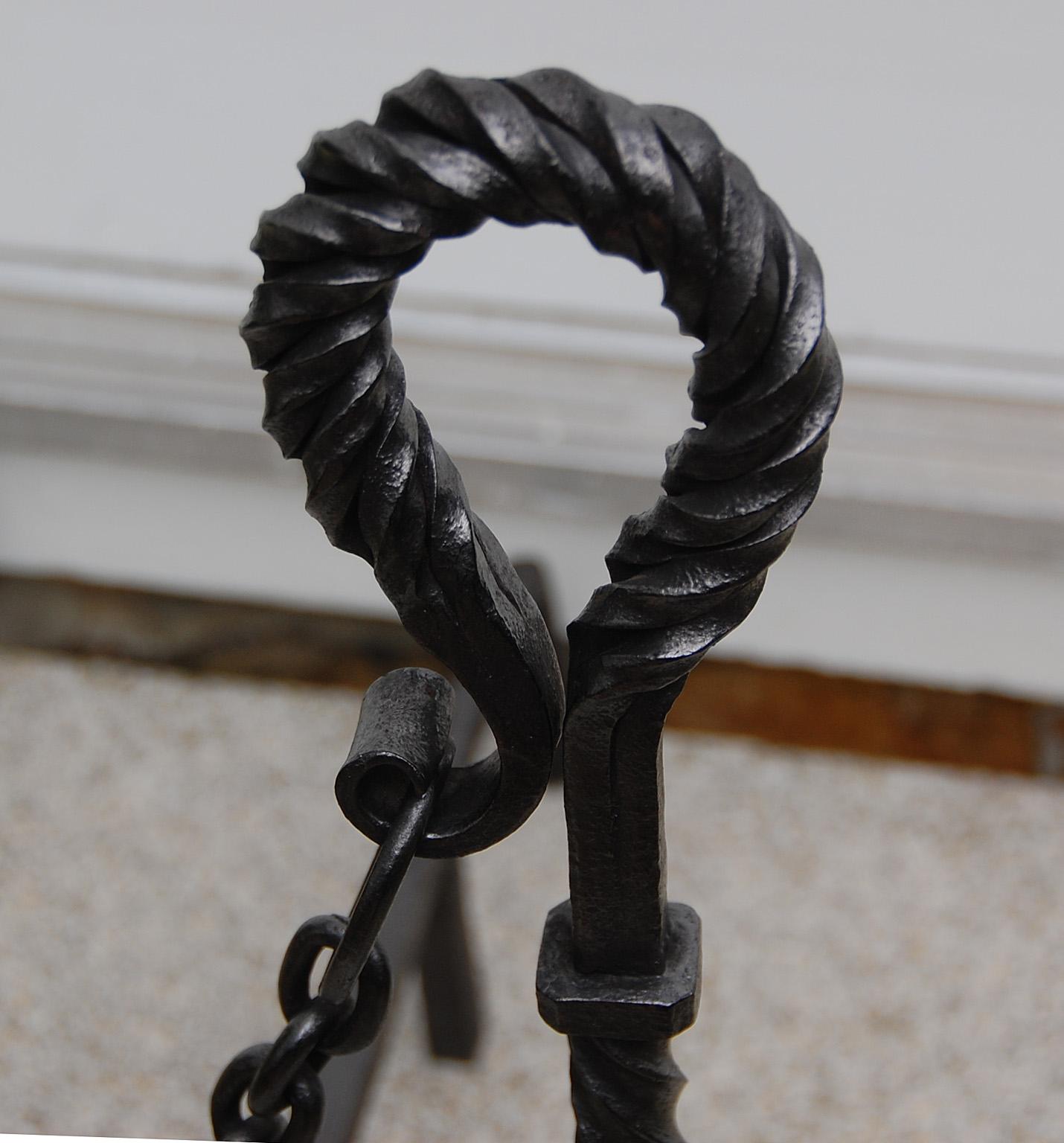 Hand-Crafted American Arts and Crafts Wrought Iron Andirons with Twist Loop Tops, Scroll Feet For Sale