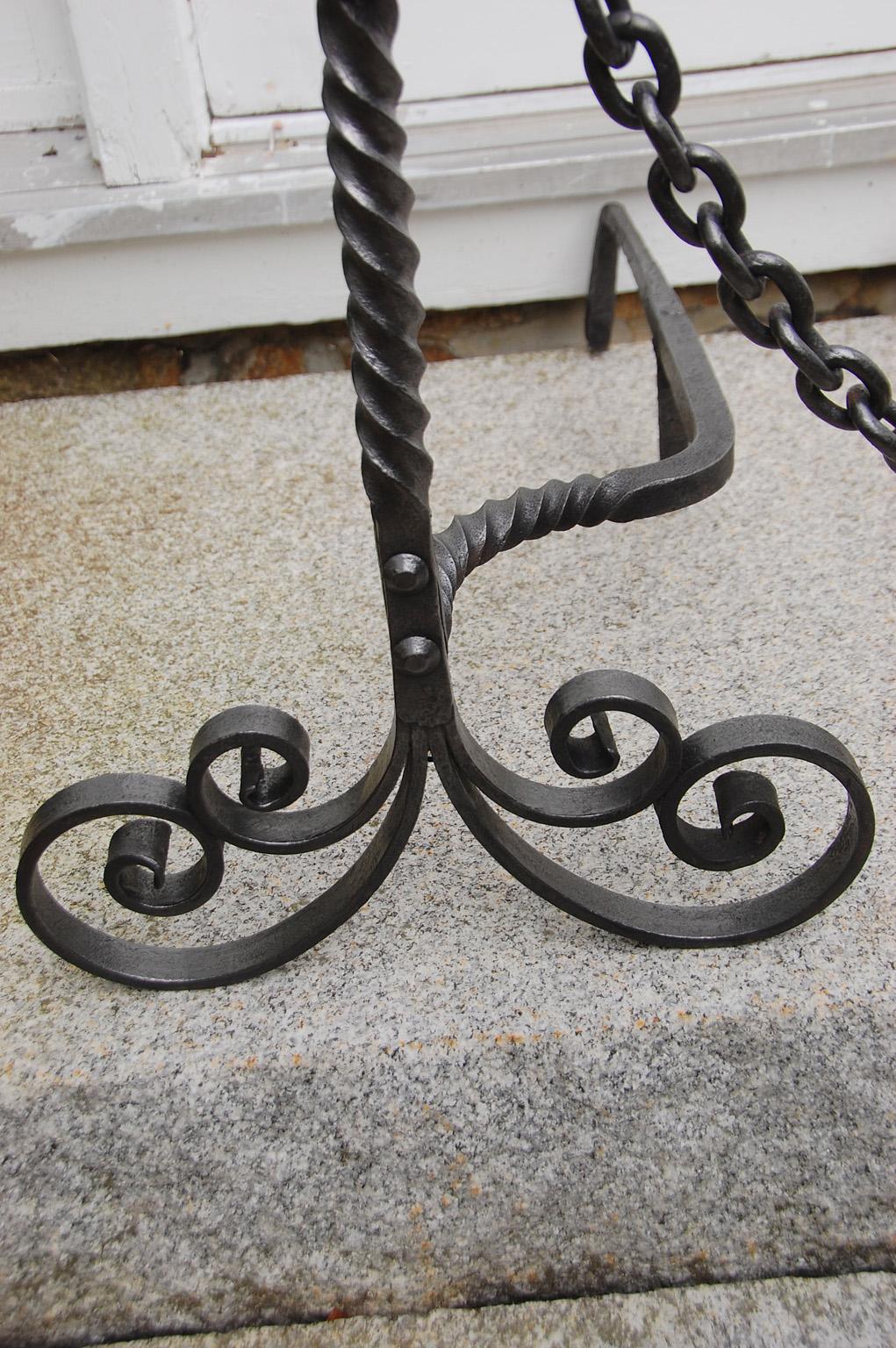 American Arts and Crafts Wrought Iron Andirons with Twist Loop Tops, Scroll Feet In Good Condition For Sale In Wells, ME