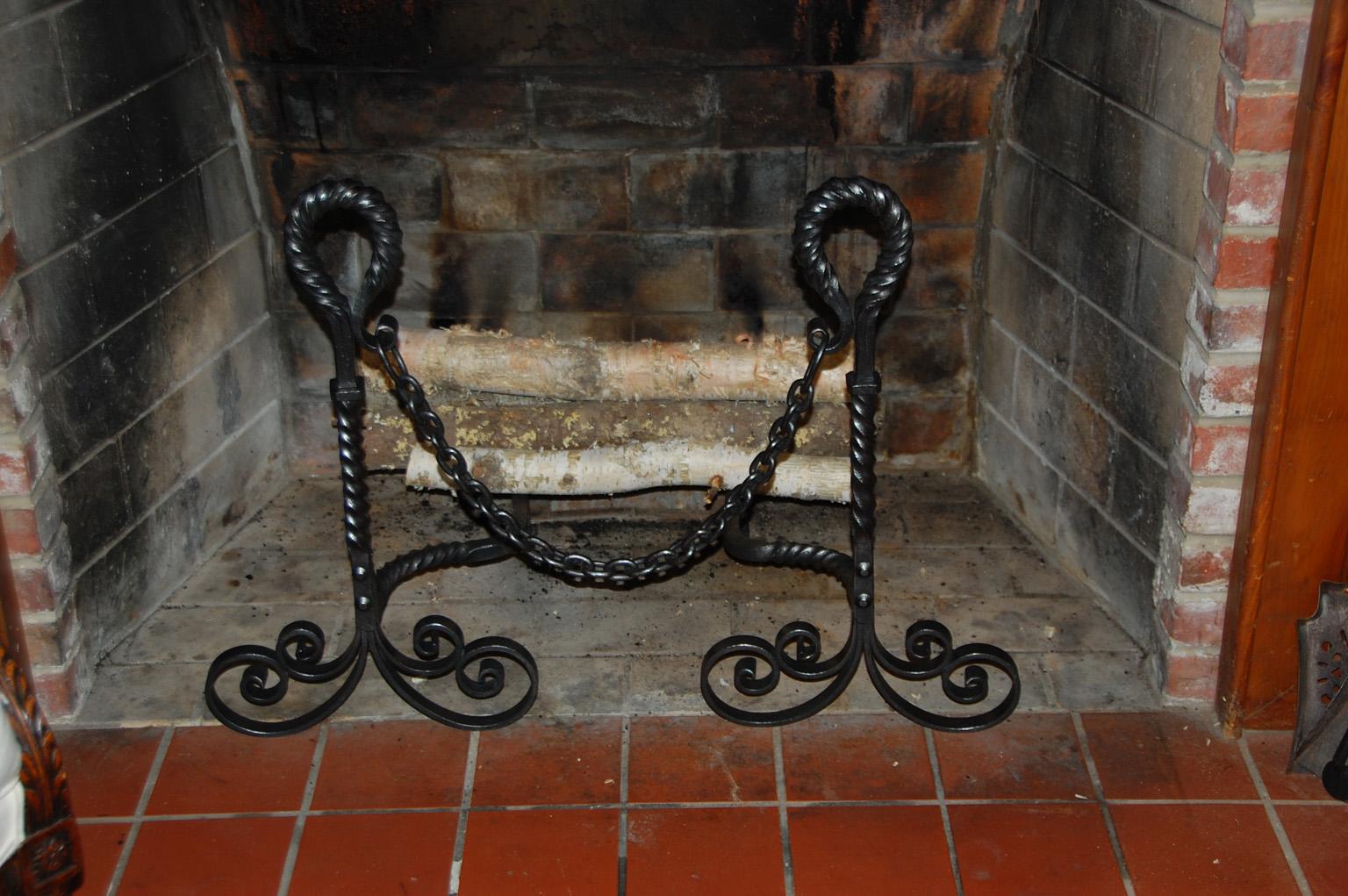19th Century American Arts and Crafts Wrought Iron Andirons with Twist Loop Tops, Scroll Feet For Sale