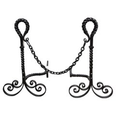 American Arts and Crafts Wrought Iron Andirons with Twist Loop Tops, Scroll Feet