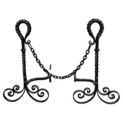 Antique American Arts and Crafts Wrought Iron Andirons with Twist Loop Tops, Scroll Feet