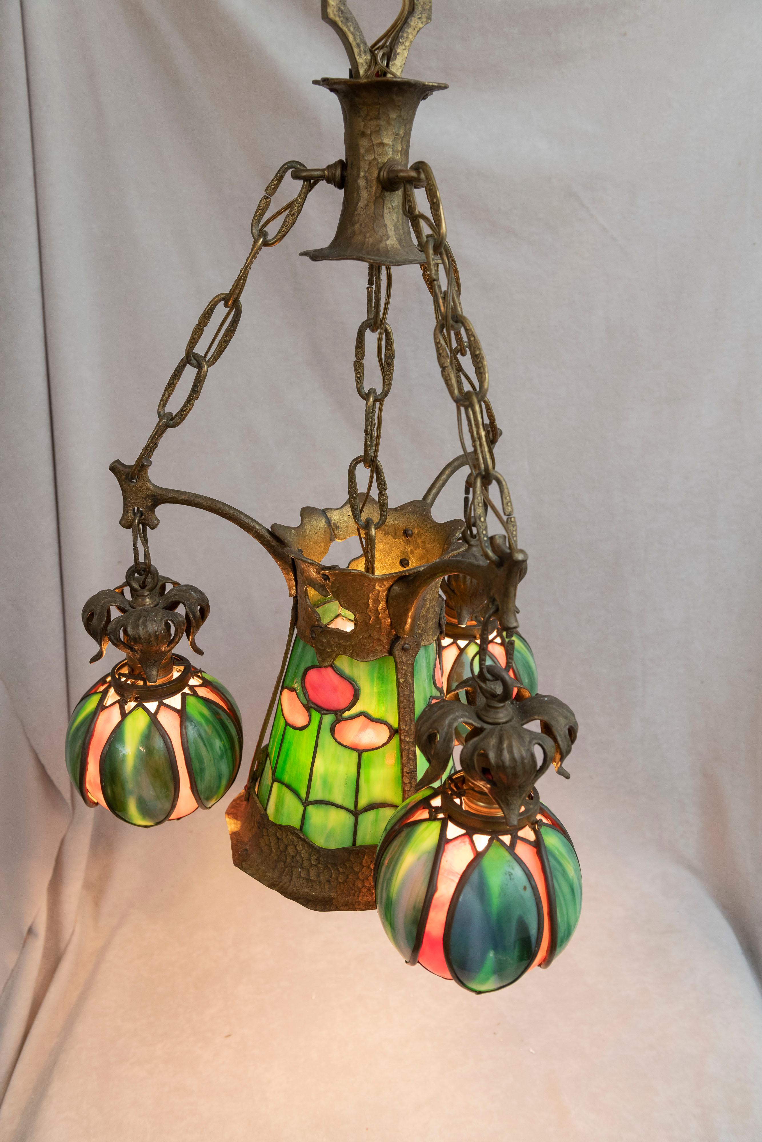 American Arts & Crafts/ Art Nouveau Leaded Glass 4 Light Chandelier, circa 1910 1