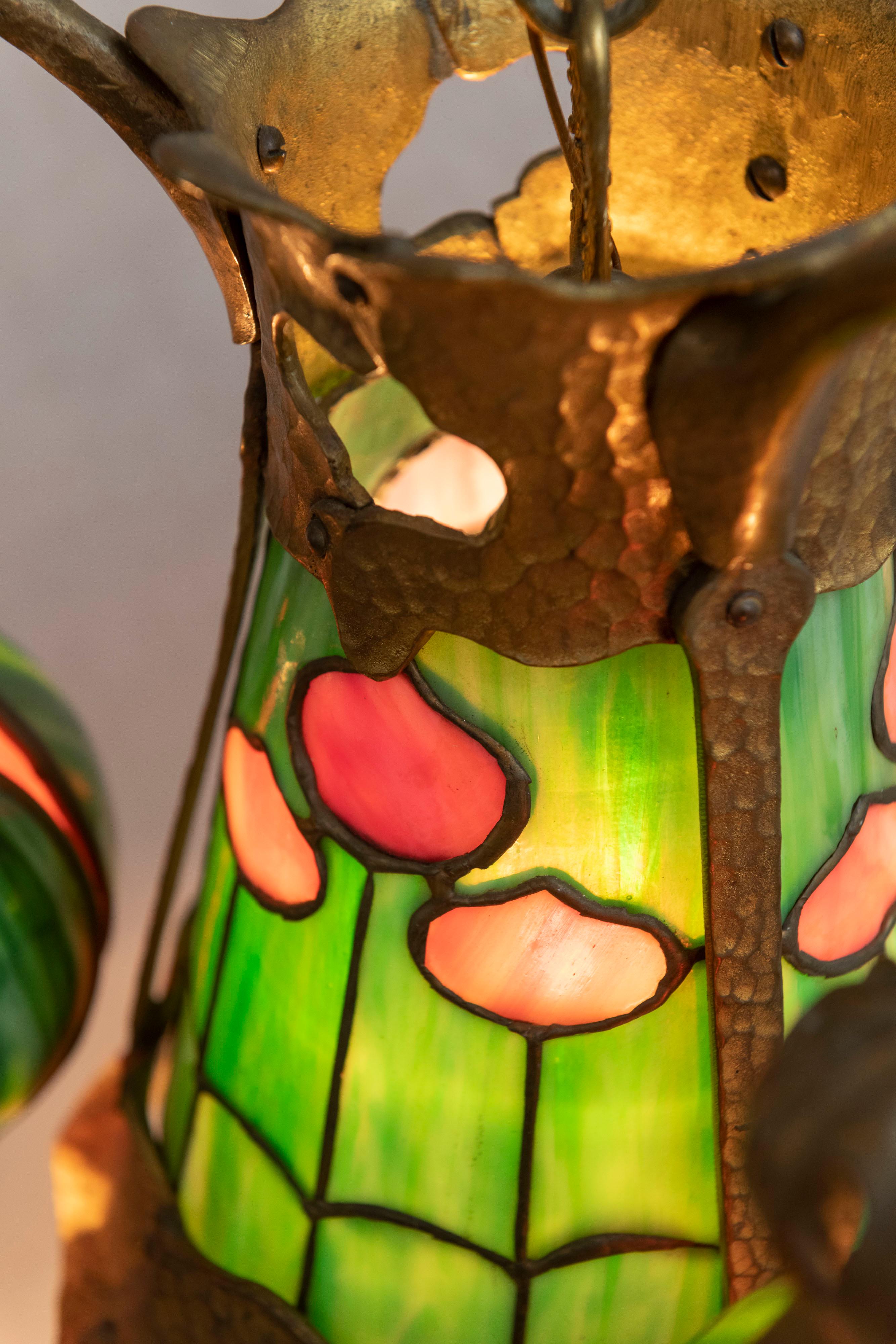 American Arts & Crafts/ Art Nouveau Leaded Glass 4 Light Chandelier, circa 1910 2