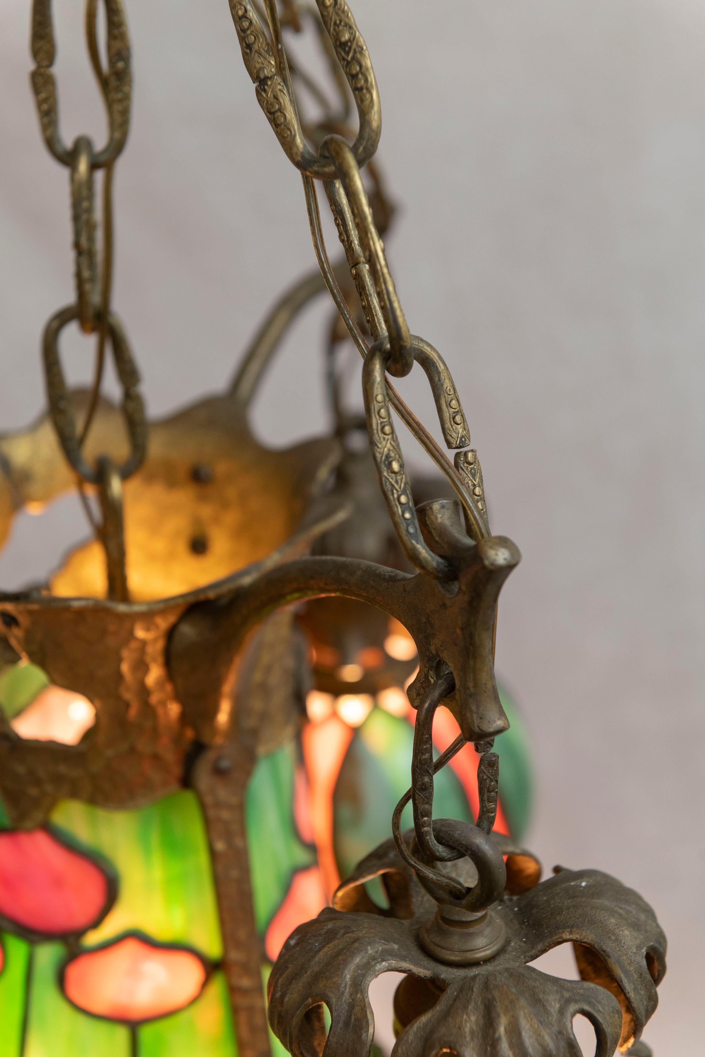 American Arts & Crafts/ Art Nouveau Leaded Glass 4 Light Chandelier, circa 1910 4