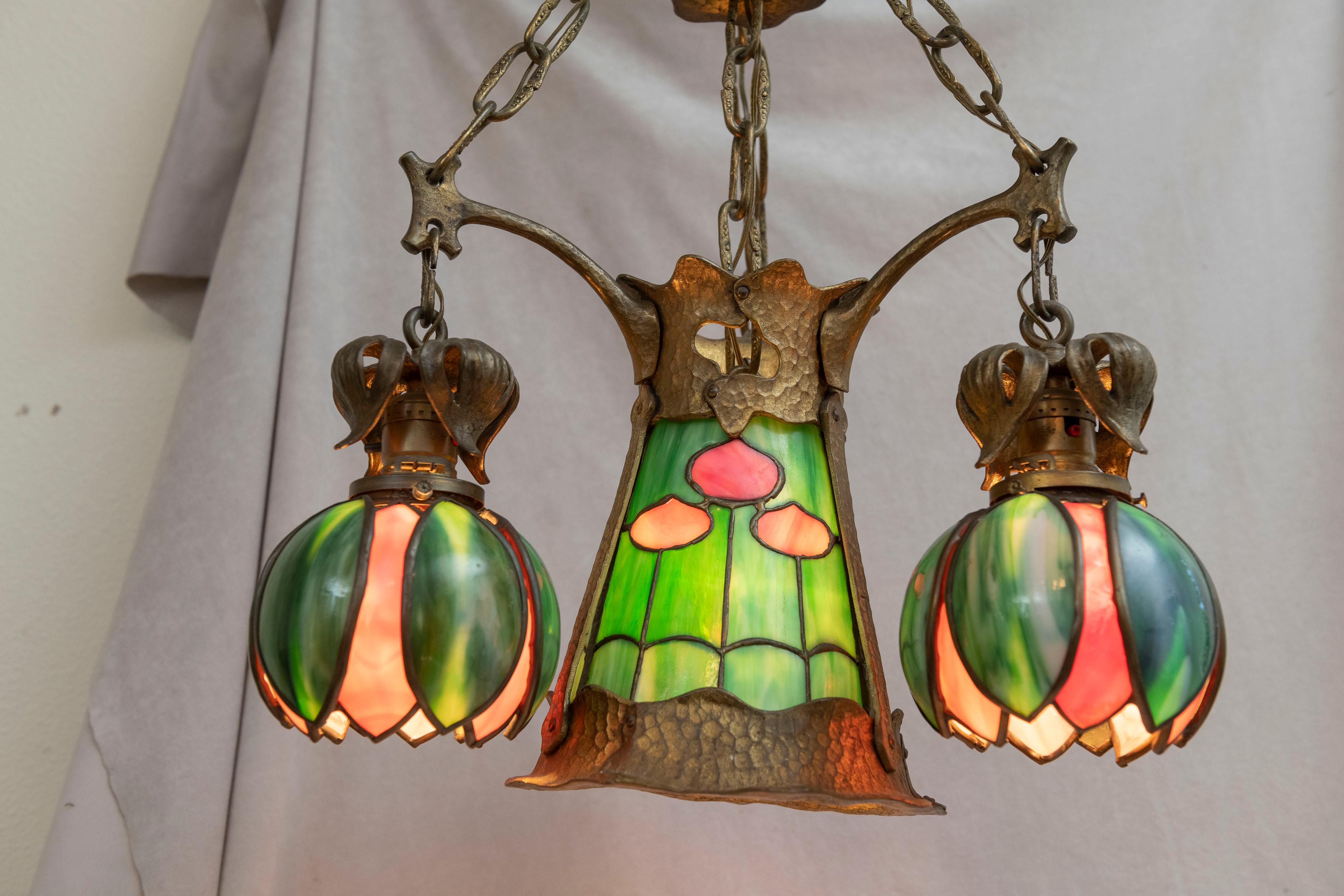 Arts and Crafts American Arts & Crafts/ Art Nouveau Leaded Glass 4 Light Chandelier, circa 1910