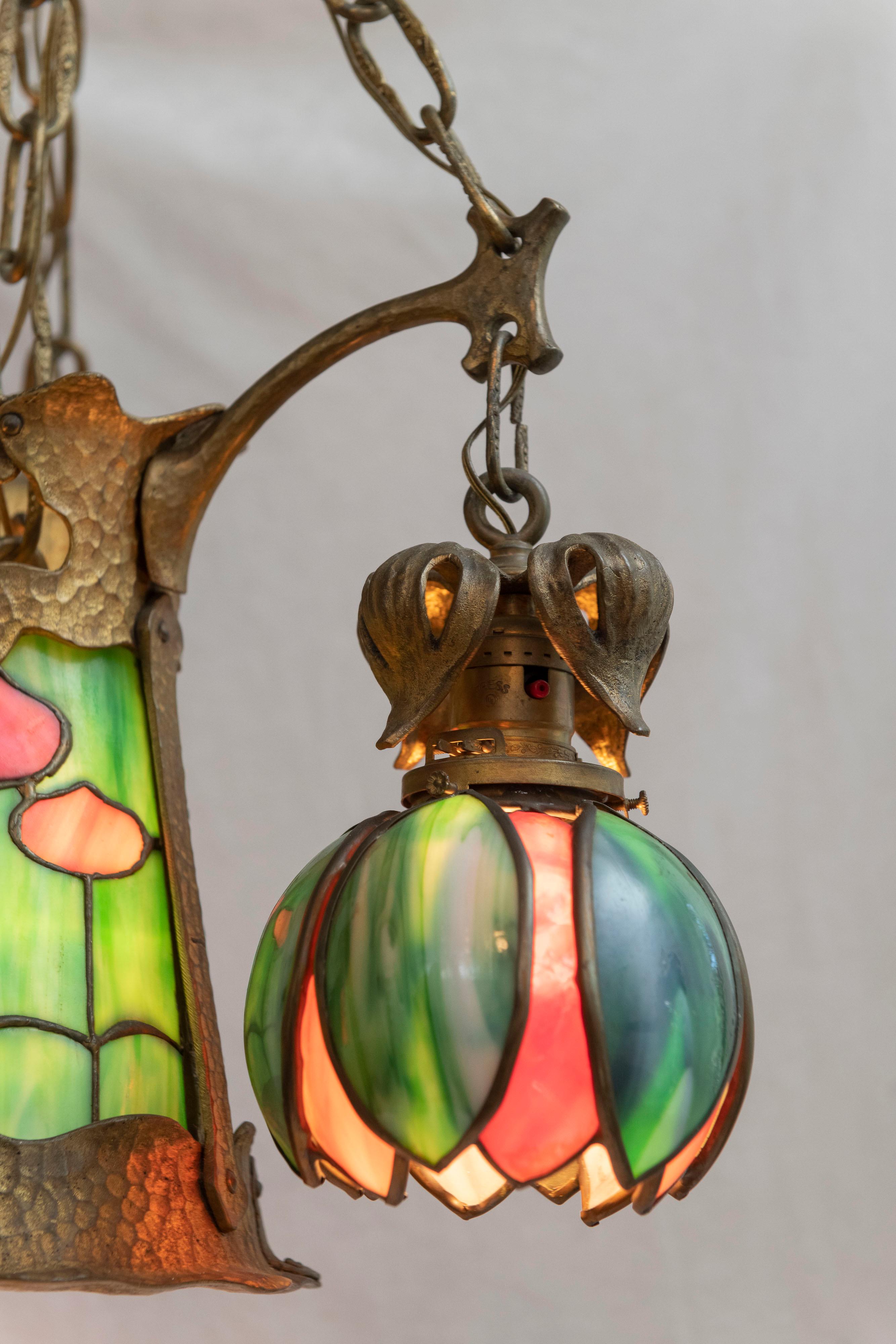 Cast American Arts & Crafts/ Art Nouveau Leaded Glass 4 Light Chandelier, circa 1910