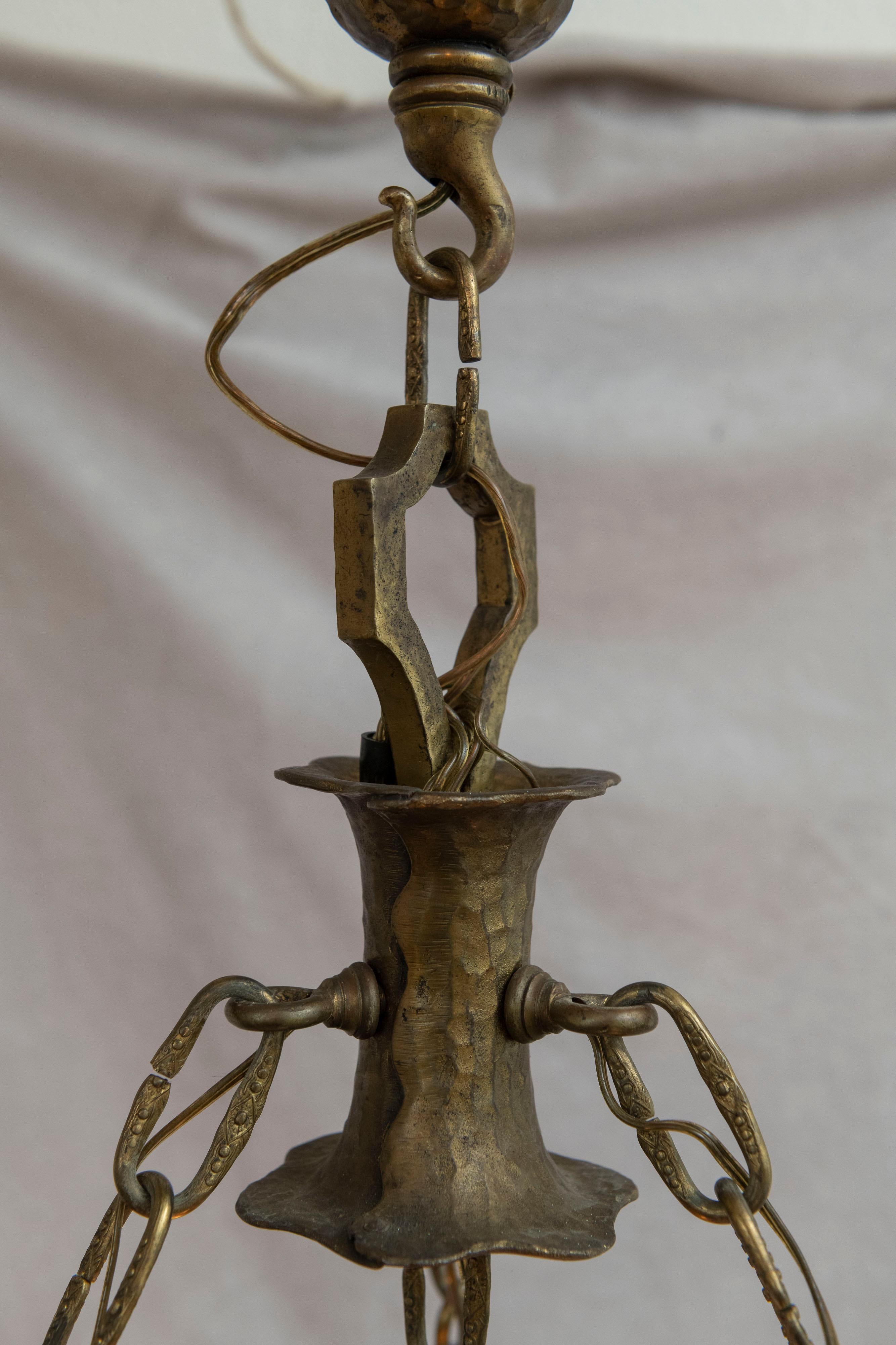 20th Century American Arts & Crafts/ Art Nouveau Leaded Glass 4 Light Chandelier, circa 1910