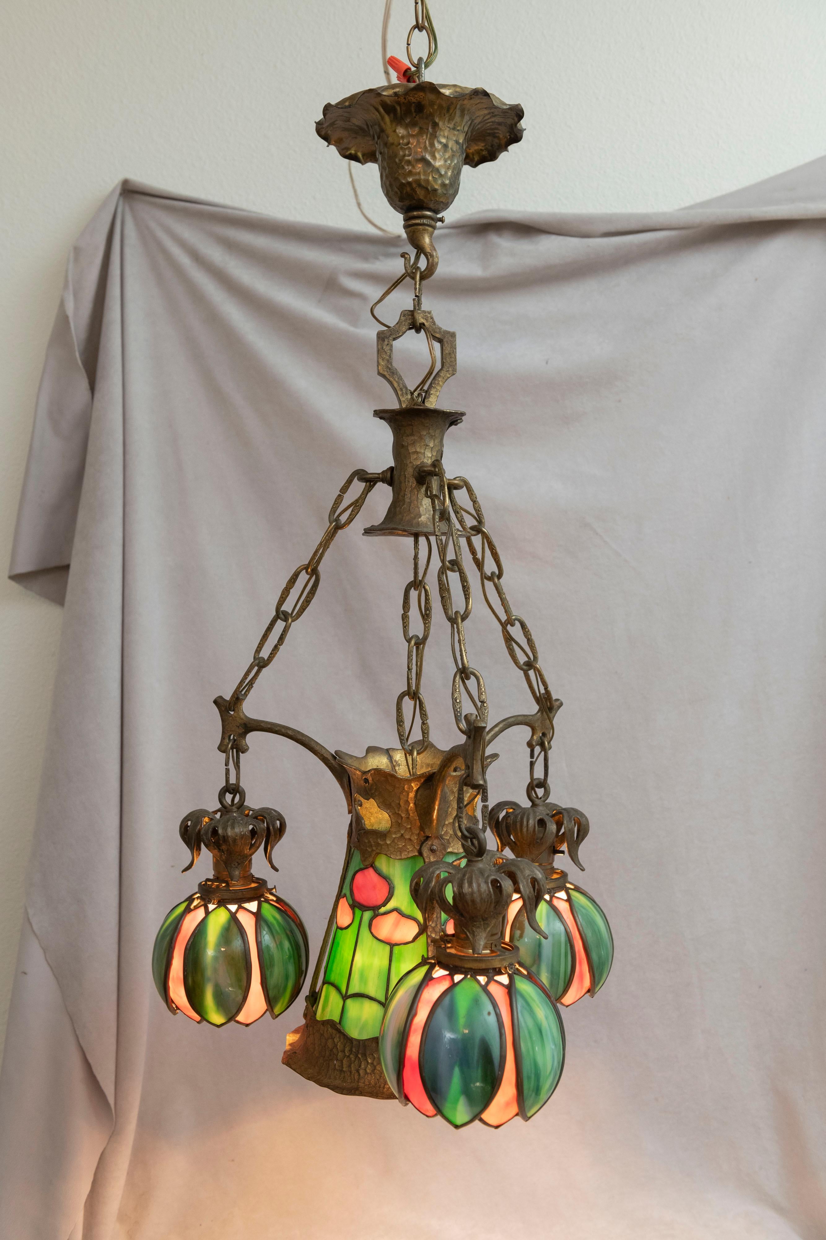 Bronze American Arts & Crafts/ Art Nouveau Leaded Glass 4 Light Chandelier, circa 1910