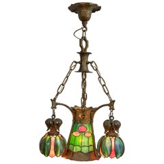 American Arts & Crafts/ Art Nouveau Leaded Glass 4 Light Chandelier, circa 1910