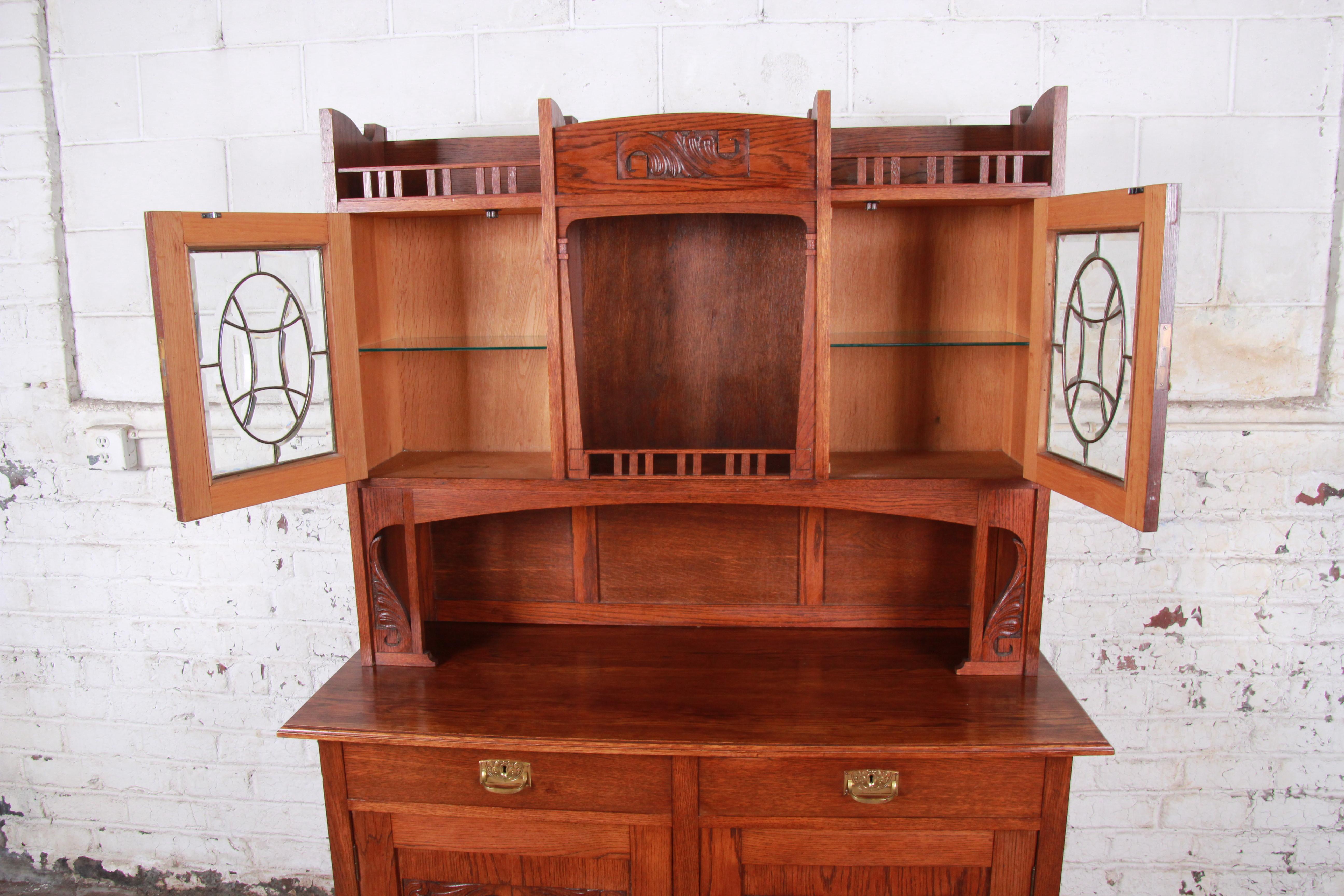 American Arts & Crafts Carved Oak Sideboard with Hutch 3