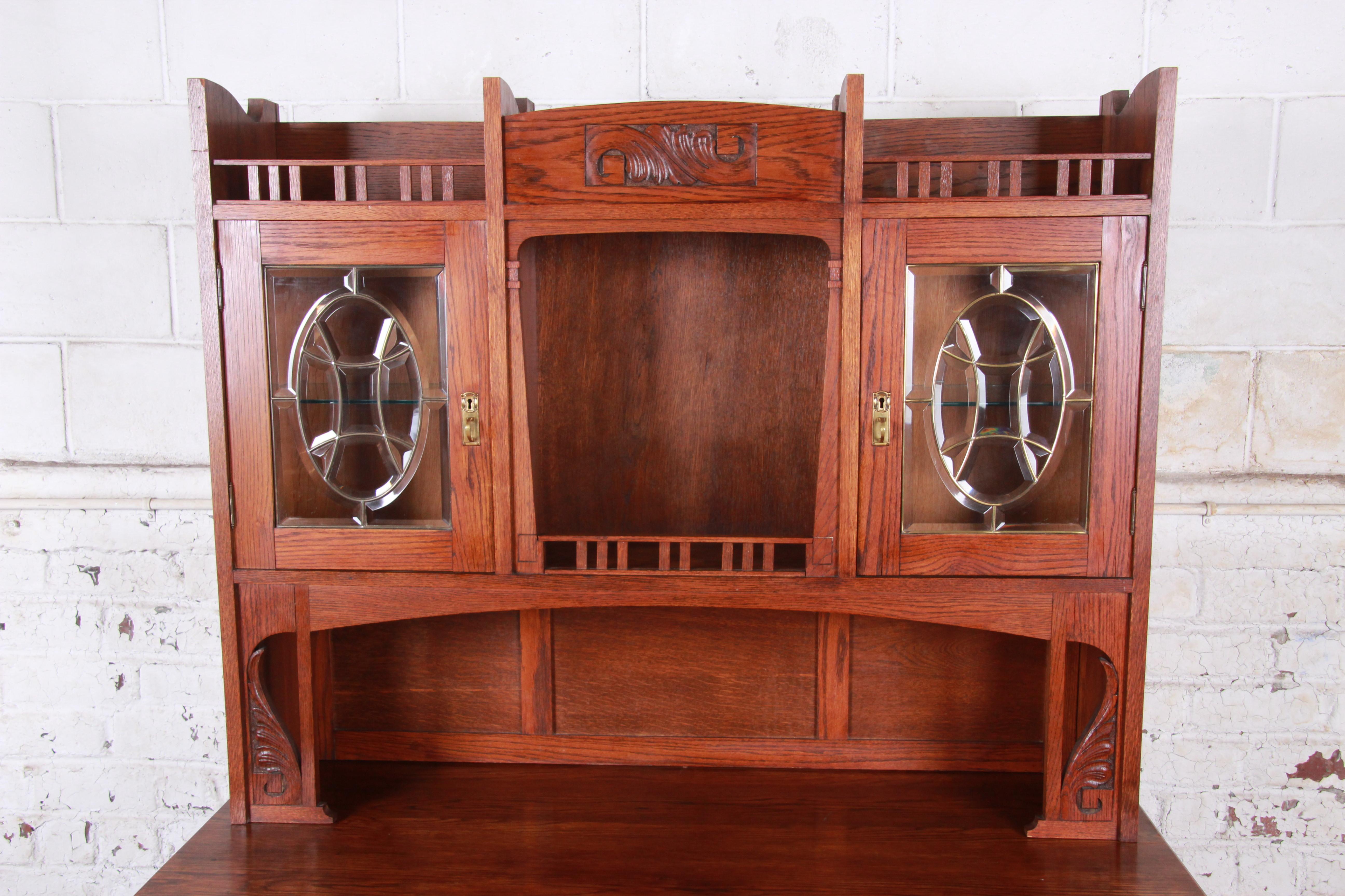 Arts and Crafts American Arts & Crafts Carved Oak Sideboard with Hutch