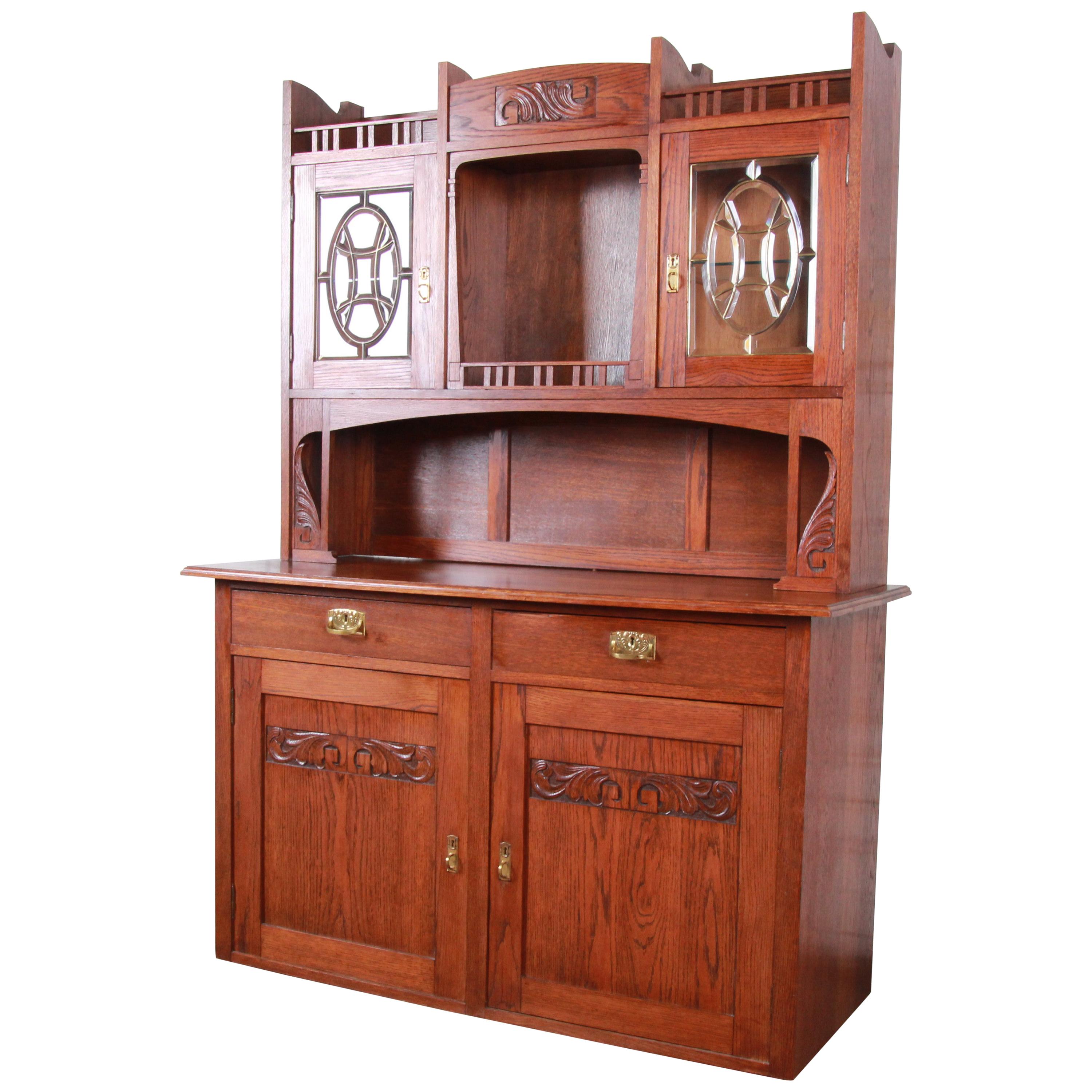 American Arts & Crafts Carved Oak Sideboard with Hutch