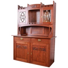 Vintage American Arts & Crafts Carved Oak Sideboard with Hutch