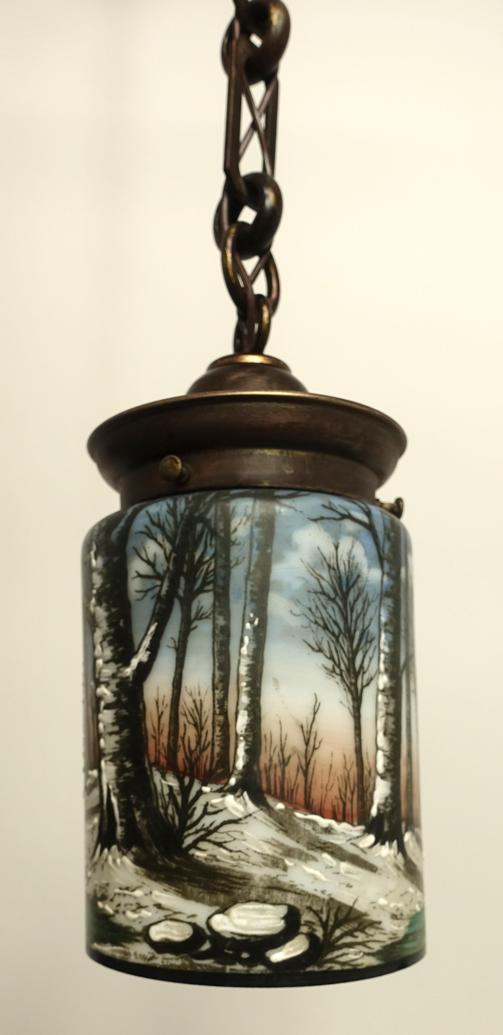 Arts and Crafts American Arts & Crafts Enameled Glass Hanging Lantern