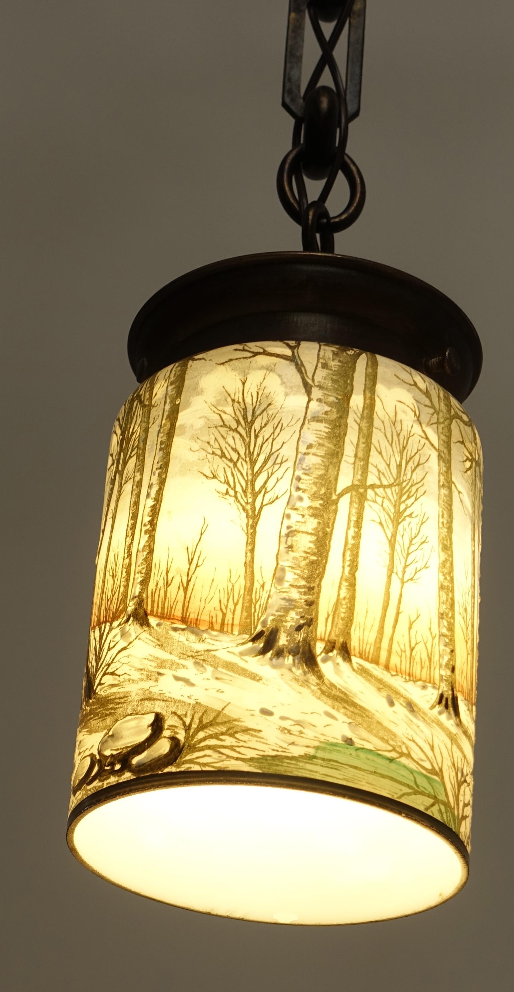 American Arts & Crafts Enameled Glass Hanging Lantern In Good Condition In San Francisco, CA
