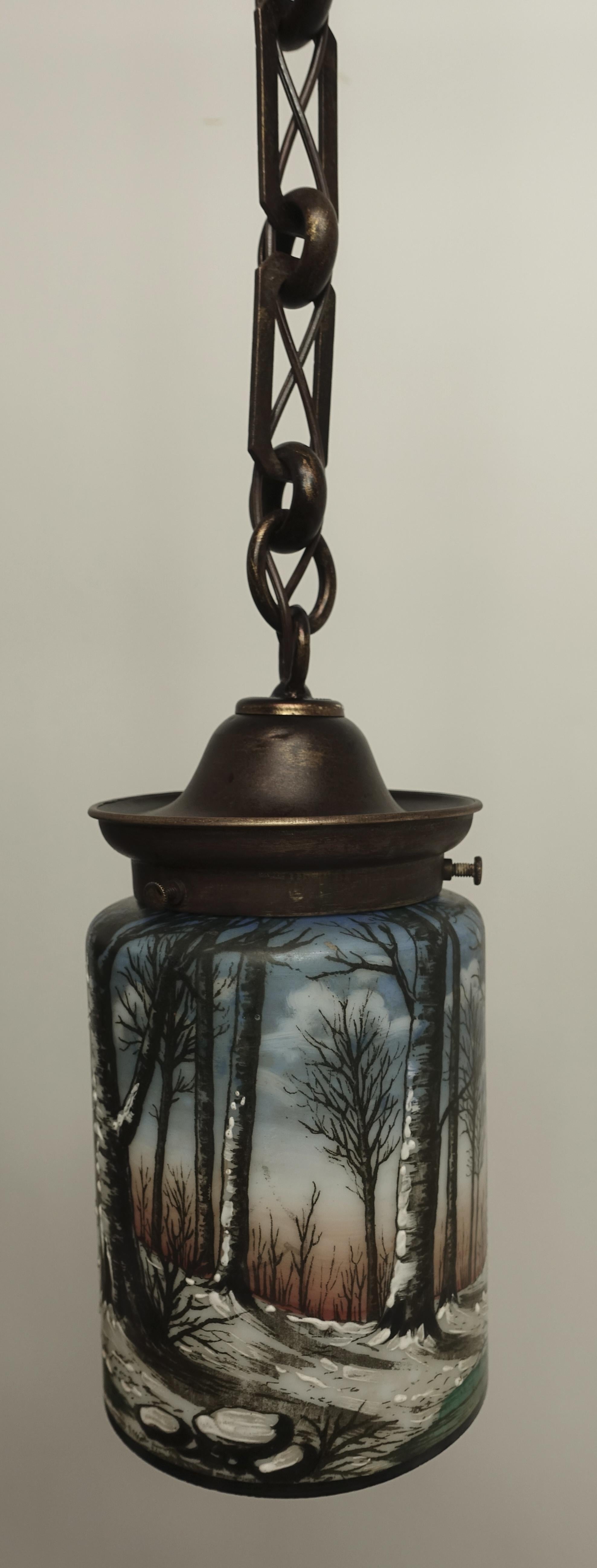 American Arts & Crafts Enameled Glass Hanging Lantern 2